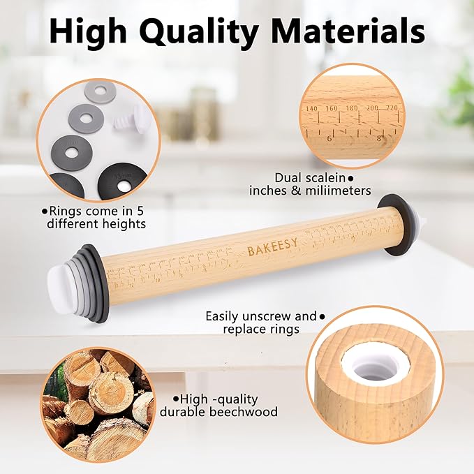 Bakeesy's 14' Wooden Rolling Pin Set with 5 Adjustable Thickness Rings - Roller Pin for Rolling Pizza, Cookie Dough, Pastry, Ravioli, Clay Slab - Full Set with Accessories - Perfect Baking experience