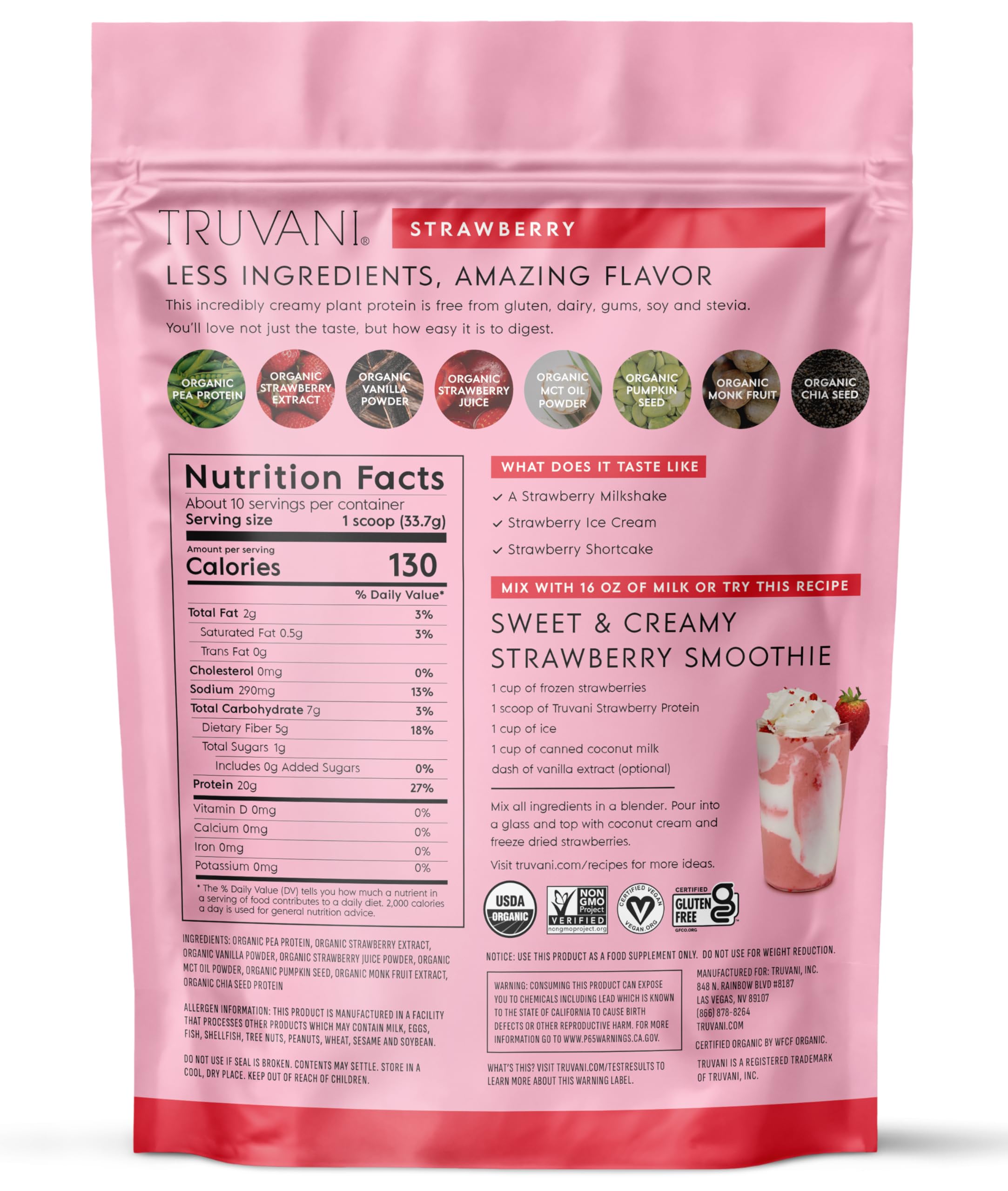Truvani Organic Plant Based Protein Powder | Strawberry | 10 Servings