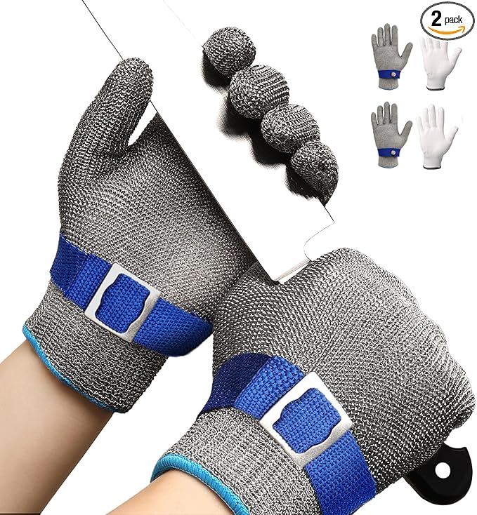 Schwer SlicePro ANSI A9 Cut Resistant Glove PR1707, Food Grade Stainless Steel Wire Metal Gloves, Cutting Gloves for Kitchen, Meat Cutting, Oyster Shucking, Fish Fillet, Non-PFAS（M, 2 PCS）