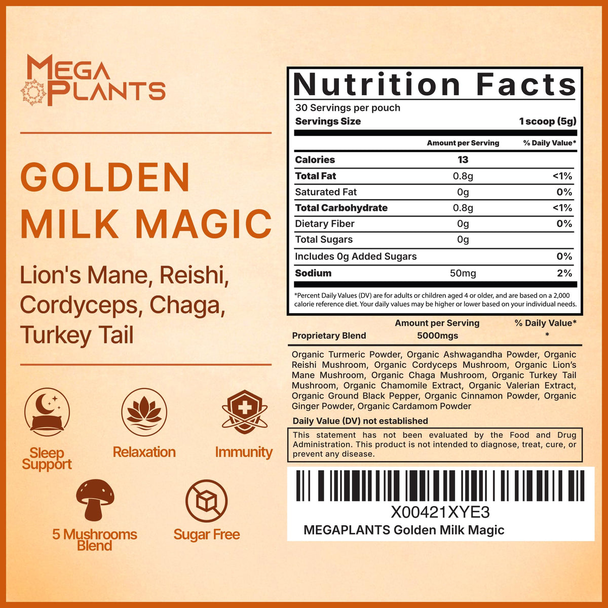 MEGAPLANTS Golden Milk Powder | Turmeric Ashwagandha Superfood Latte Mix