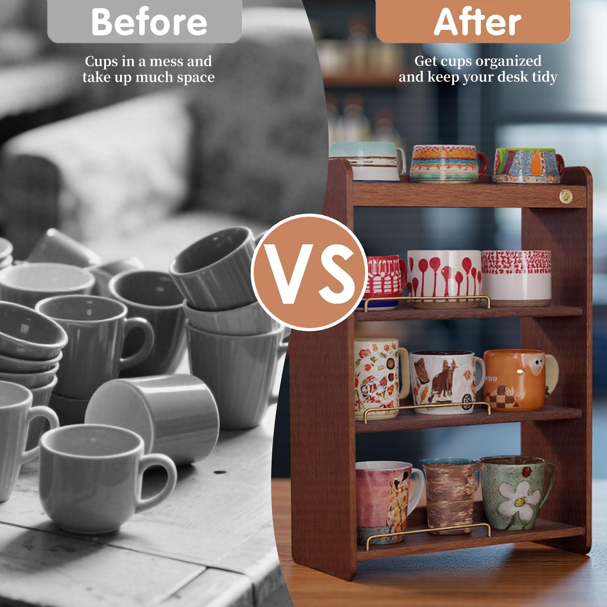 KAOTGOT Coffee Mug Holder Wooden Cup Rack Mug Display Shelf Coffee Cup Holder for Countertop 4 Tier Wood Coffee Mugs Holder for Kitchen Coffee Cup Storage