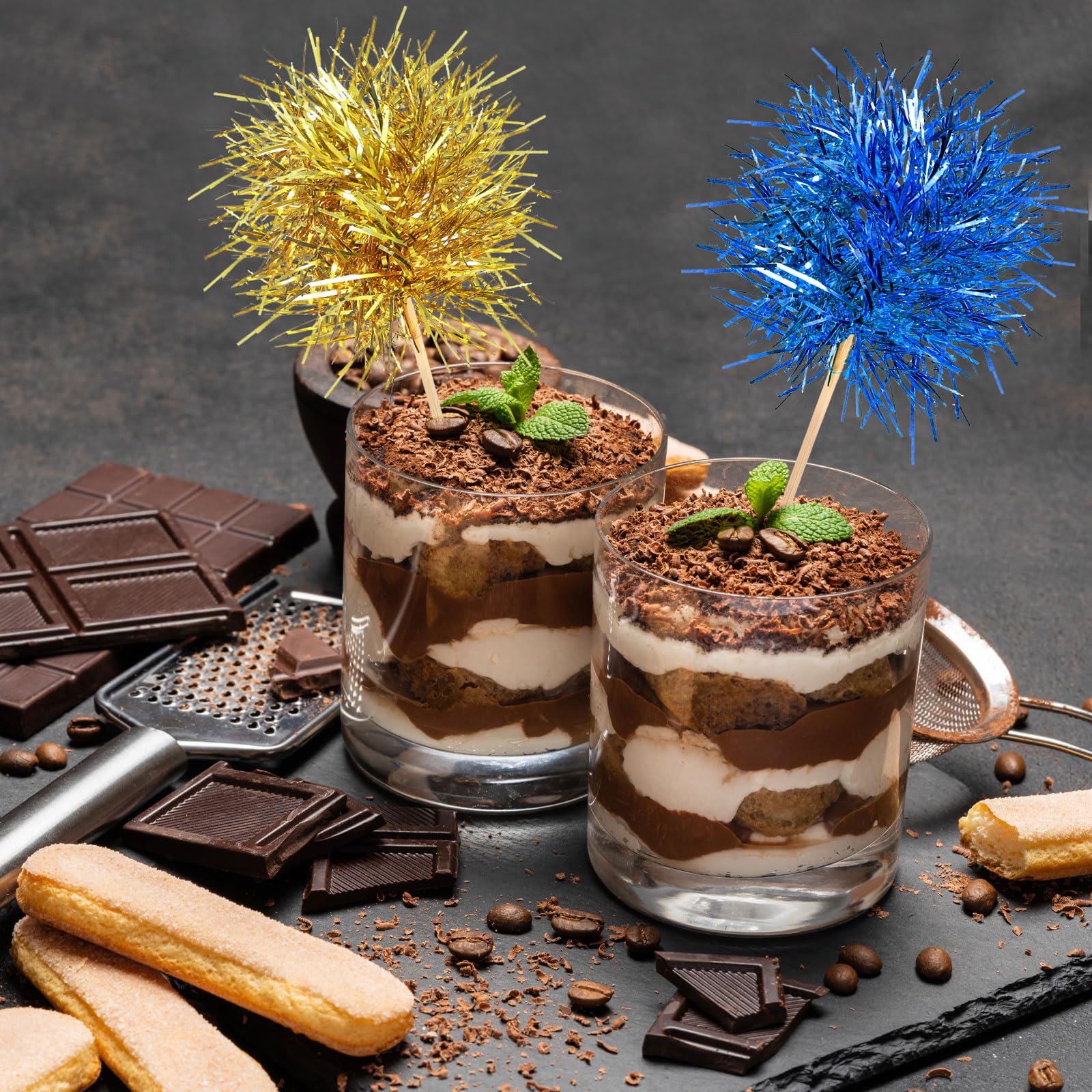 Chinco 100 Pcs Foil Firework Cupcake Toppers Sparkle Tinsel Cake Toppers Cake Decoration Cocktail Fruit Toothpick for Birthday Wedding Graduation Party(Bright Color)