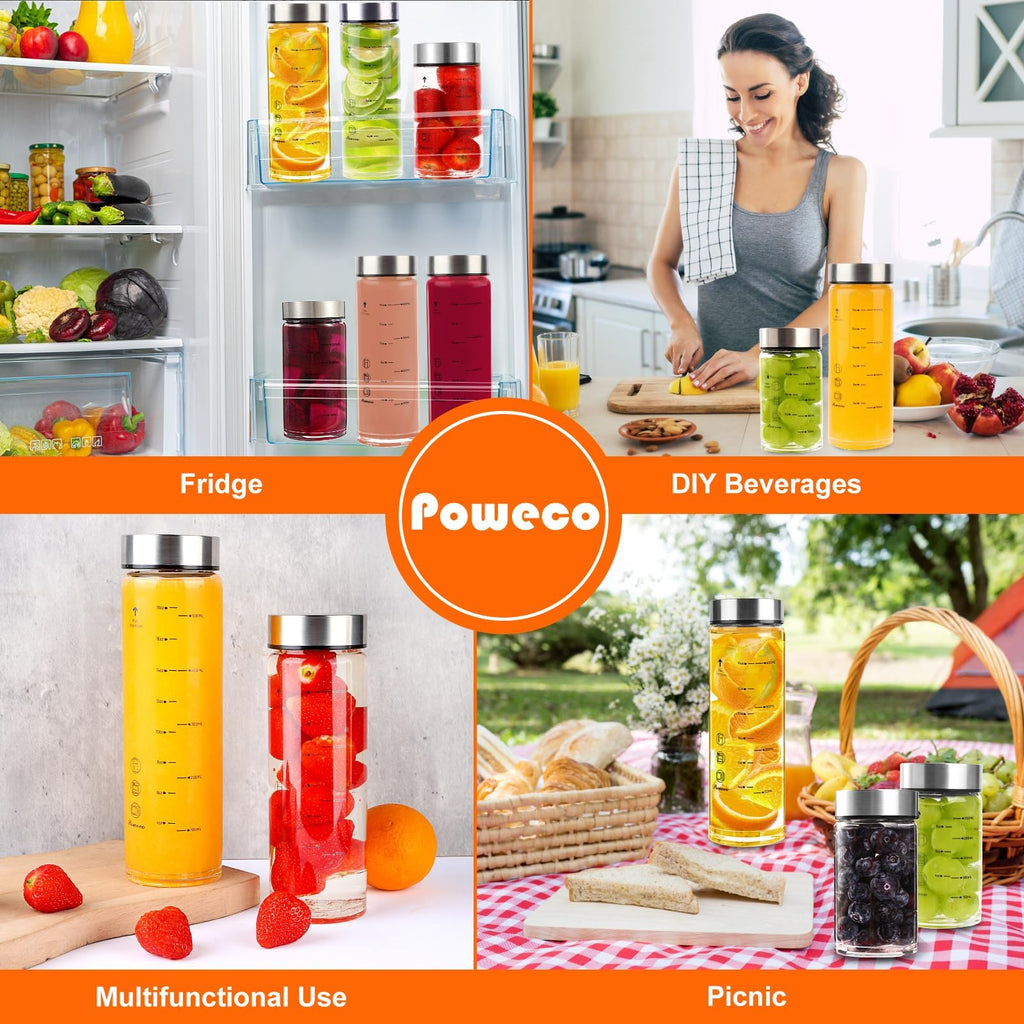 poweco Glass Juice Bottles 4 Pack 10 oz - Wide Mouth Glass Water Bottles with Lids - for Juicing, Protein, Smoothie, Milk, Reusable, BPA Free, Stainless Steel Lids, Blender, Shaker Bottle [300ml]
