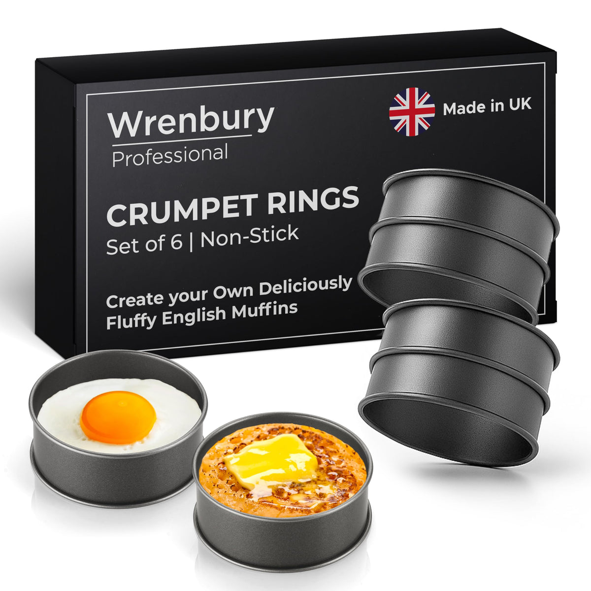 Wrenbury Crumpet Rings Nonstick 3.5 inch - English Muffin Rings - Set of 6 Food Ring Molds for Cooking – Metal Baking Egg Ring Set - Made in England