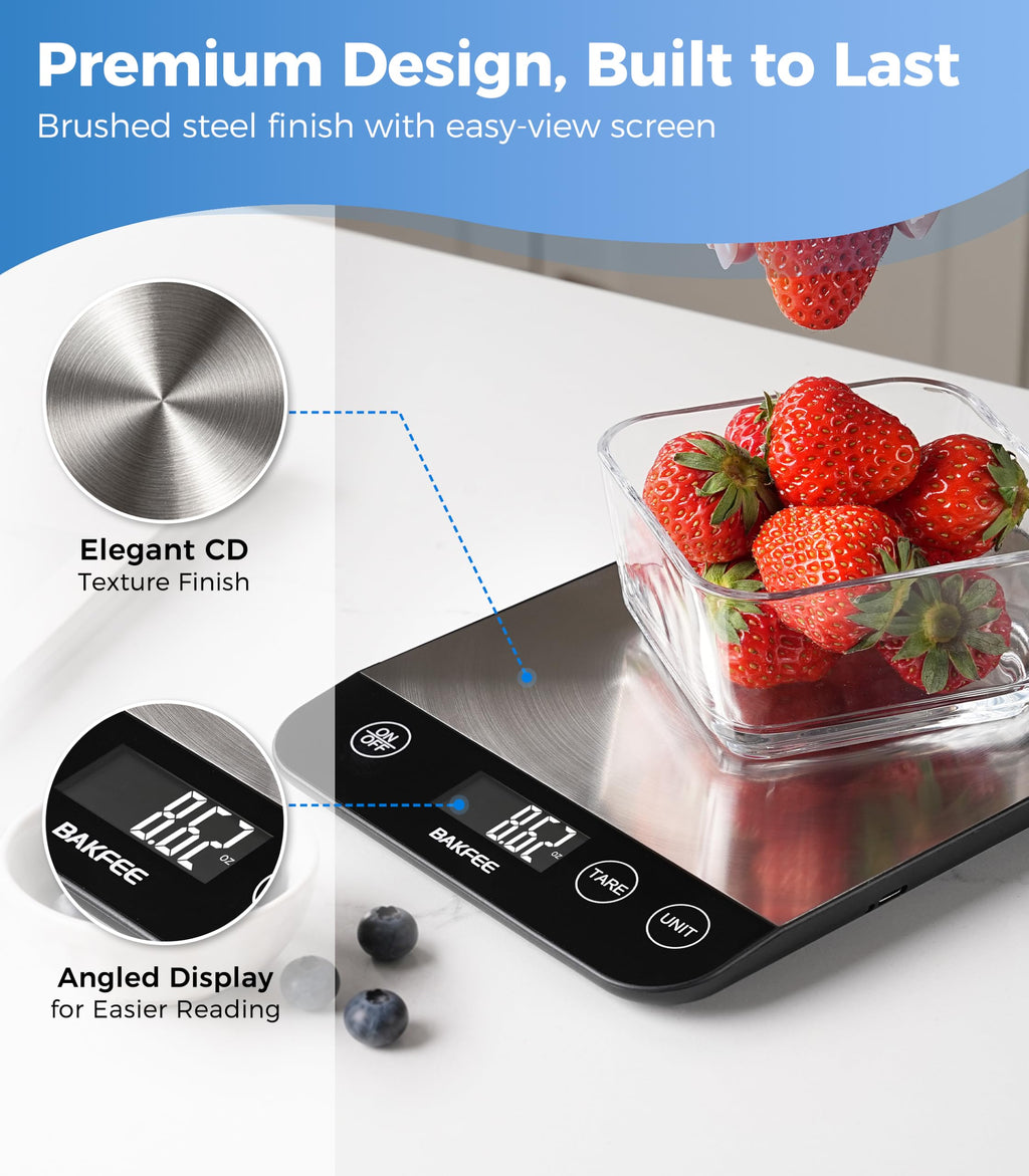BakFee Food Scale, 33lb Kitchen Scale, 1g Precision, USB-C Charging, Black