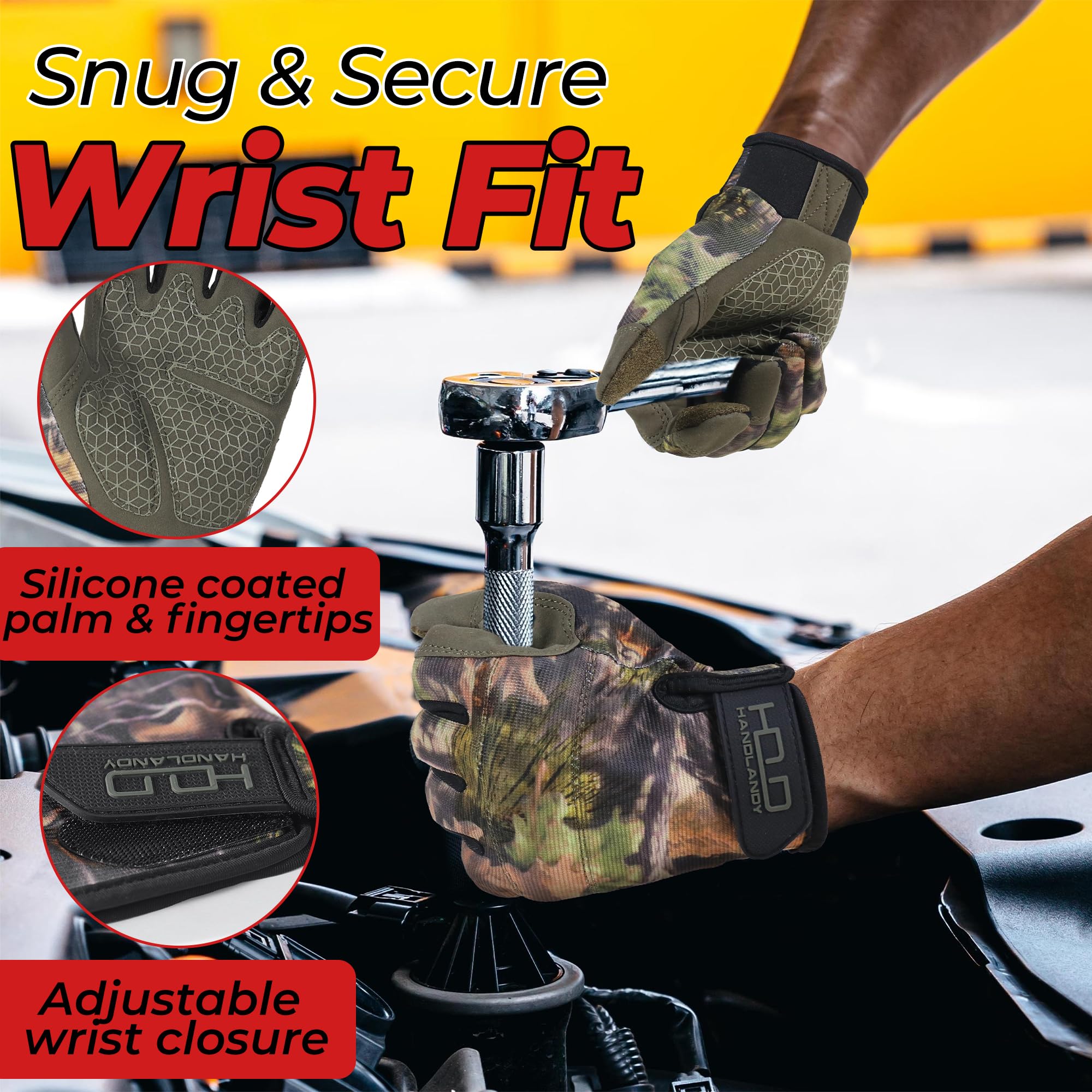 HANDLANDY Work Gloves for Men & Women, Utility Mechanic Gloves Touch Screen with Grip, Flexible Breathable Camo Tactical Gloves for Outdoor Activity (2X-Large, 1 Pair)