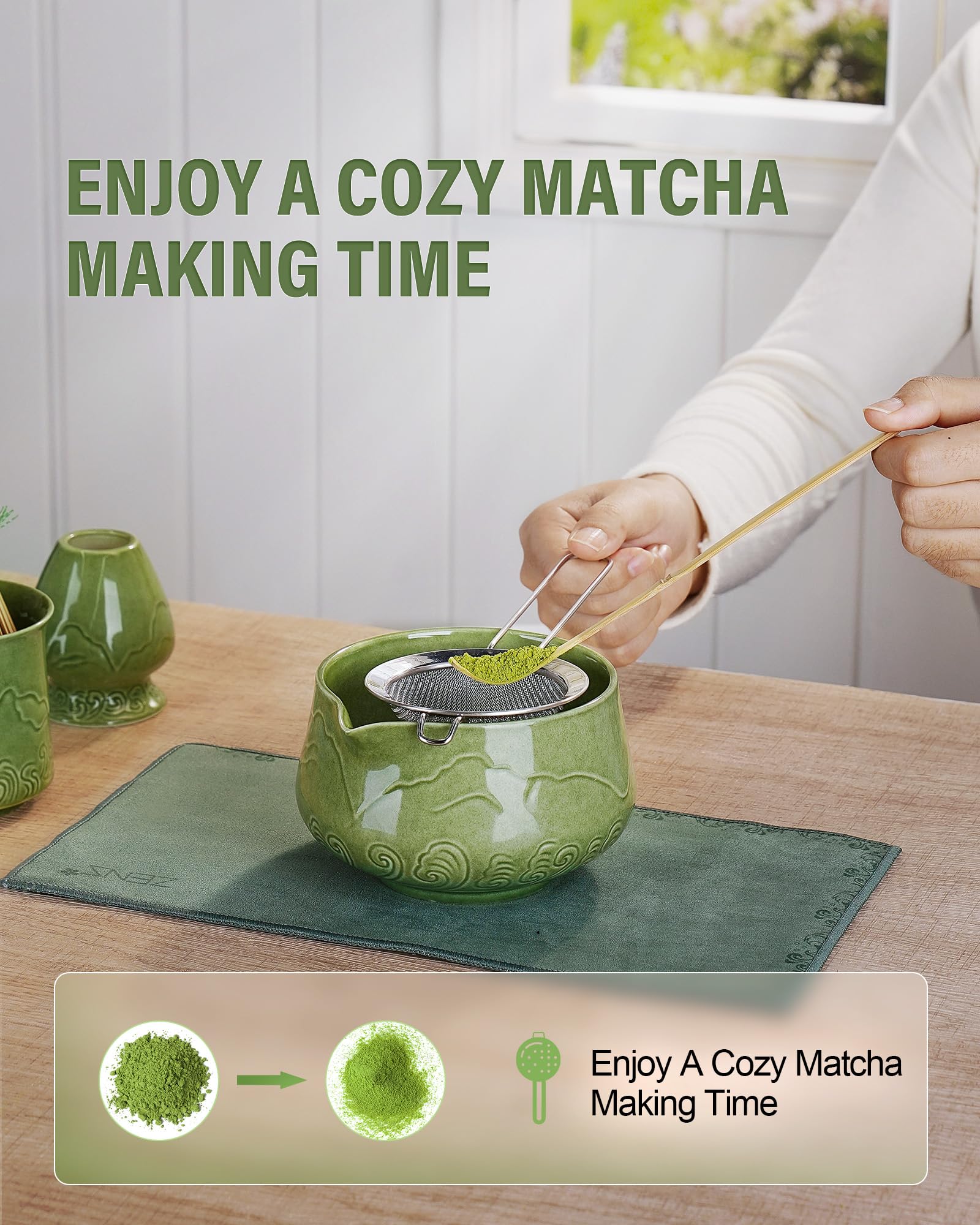 ZENS Premium Matcha Whisk Set with Blooming Cup, 7pcs Matcha Set, Green