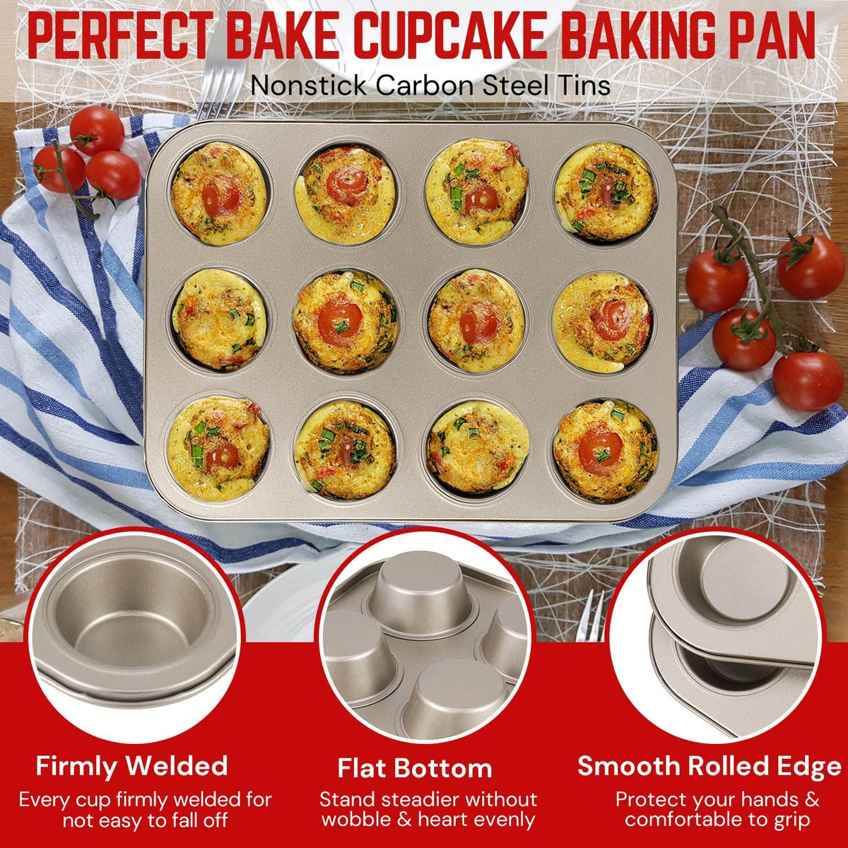 Flexzion 12-Cup Muffin Pans, Nonstick Carbon Steel Bakeware, Gold, 2-Pack