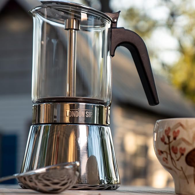 London Sip Glass and Stainless Steel Stovetop Espresso Maker Moka Pot Italian Coffee Percolator, Matte Black, Large (15.2 oz)