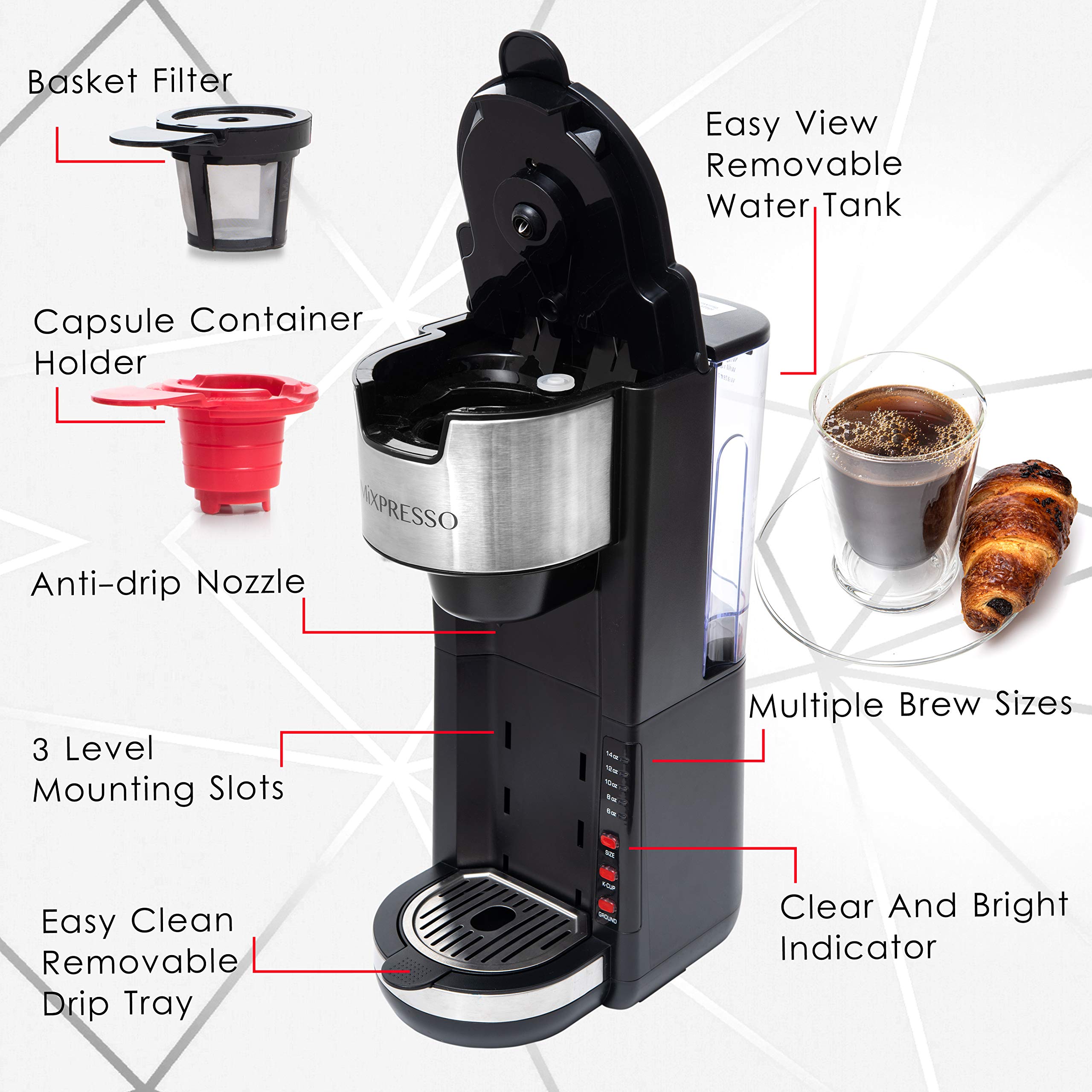 Mixpresso Black Single Serve Coffee Brewer K-Cup Pods Compatible & Ground, 30 oz Compact Coffee Maker Single Serve With 5 Brew Sizes Up To 14 Oz, Fits Travel Mug, Adjustable Drip Tray