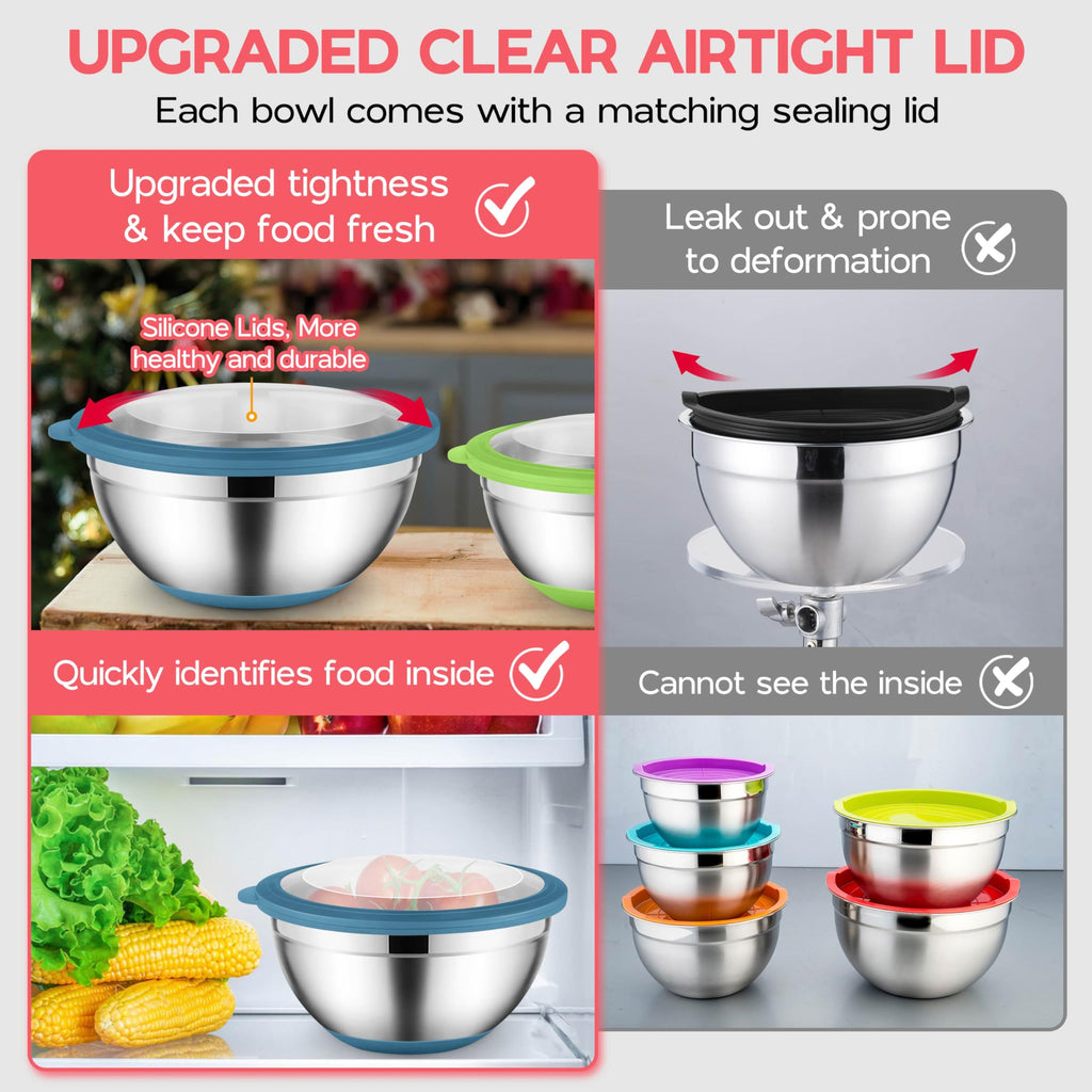 Onader Colorful Mixing Bowl Set of 6 for Kitchen, Large Stainless Steel Metal Nesting Mixing Bowls with Airtight Lids, Non Slip - Size 0.7, 1, 1.5, 2, 2.6, 4.6QT