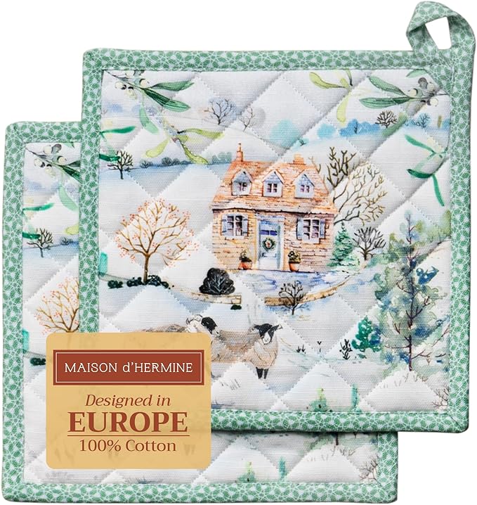 Maison d' Hermine Pot Holders Set 100% Cotton Heat Resistant Potholders 8" x 8" Hot Pads with Loop BBQ, Cooking, Baking, Grilling, Kitchen, Handling Hot Pans (Pack of 2, Snowy World)