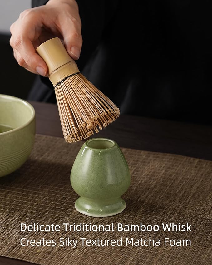 ZENS Matcha Whisk Set, 15oz Ceramic Matcha Bowl with Spout and Bamboo Whisk, (Chasen Holder) Scoop & Tea Towel, 5pcs Matcha Kit for Matcha Lovers, Emerald Green