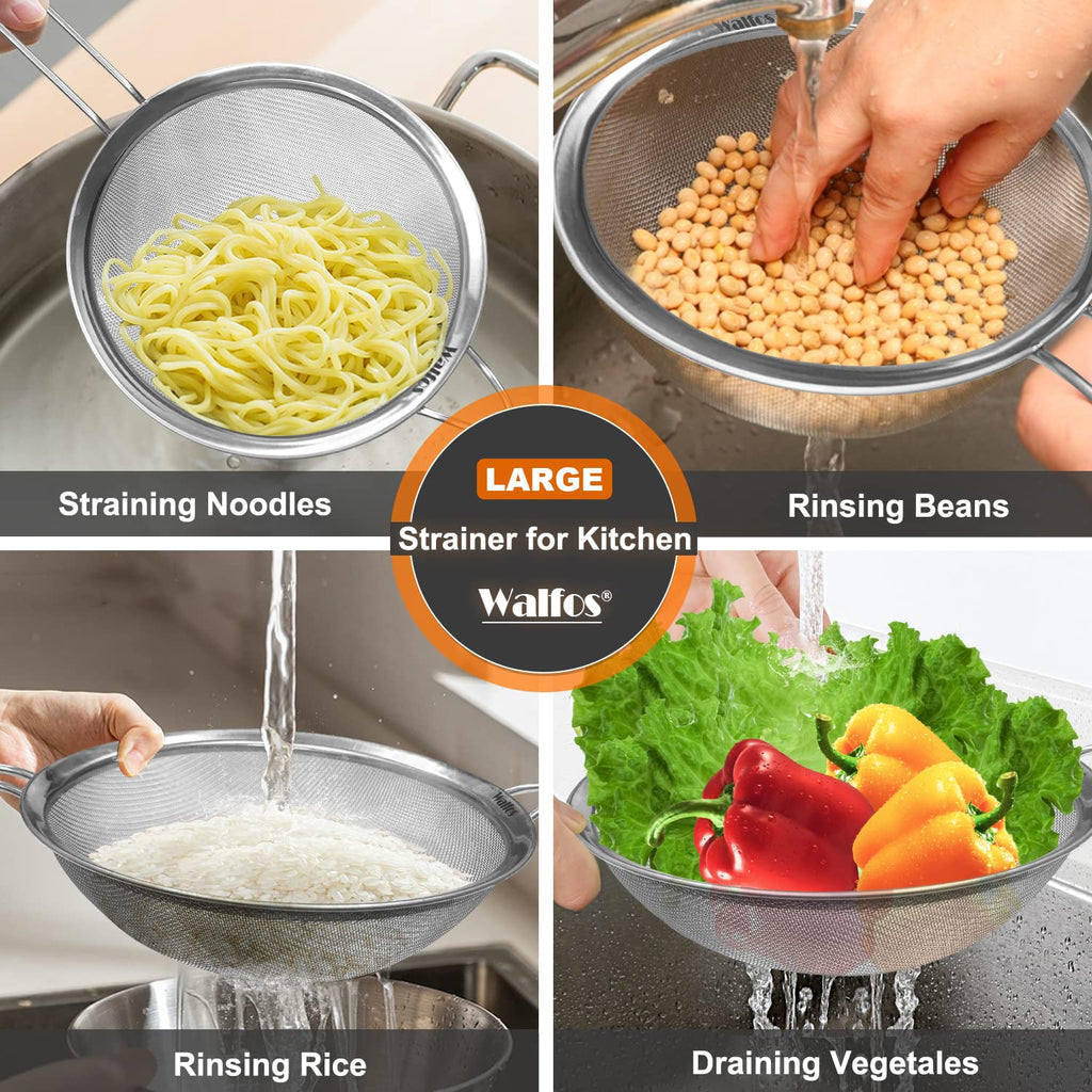 Walfos 9.35 Inch Large Fine Mesh Strainer, Stainless Steel 30 Mesh Sieve with Sturdy Handle, Kitchen Food Strainers Sifters for Rice, Quinoa, Pasta, Fruits, Vegetables, etc.