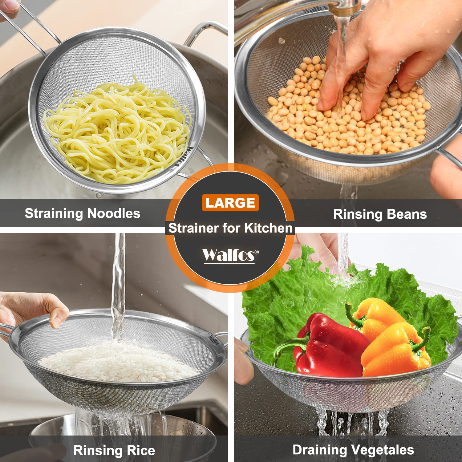 Walfos 9.35 Inch Large Fine Mesh Strainer, Stainless Steel 30 Mesh Sieve with Sturdy Handle, Kitchen Food Strainers Sifters for Rice, Quinoa, Pasta, Fruits, Vegetables, etc.