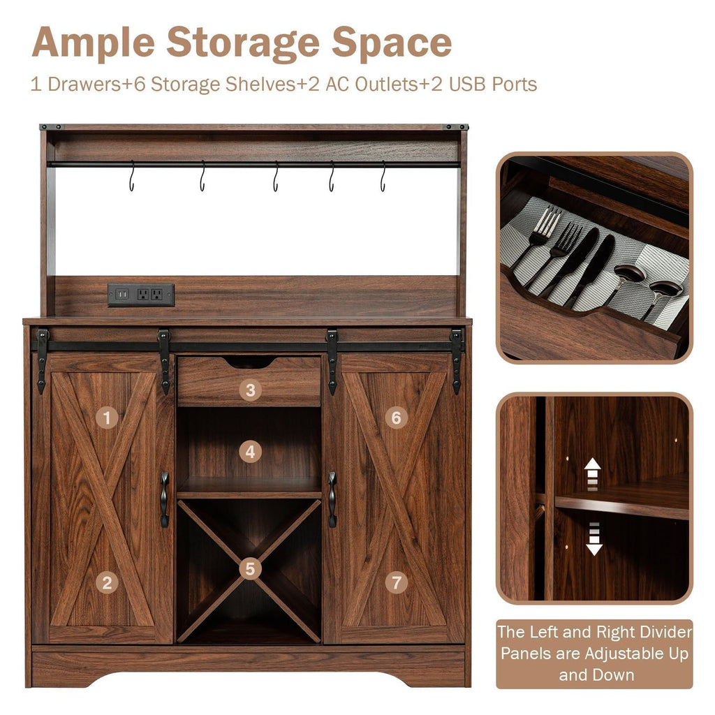 Wnutrees Farmhouse Coffee Bar Cabinet with Charging Station and USB, Brown