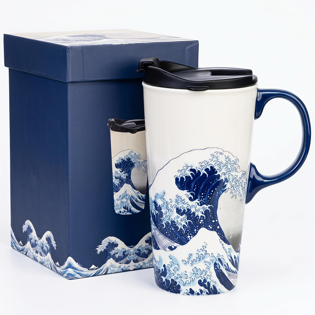 Topadorn 17oz Ceramic Travel Mug with Lid, Hokusai Great Wave Coffee Mug