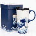 Topadorn 17oz Ceramic Travel Mug with Lid, Hokusai Great Wave Coffee Mug