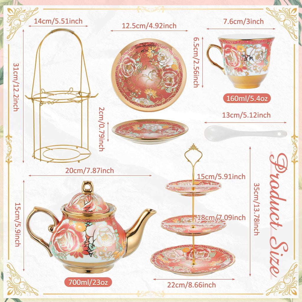 Maxcheck 21 Pcs Porcelain Tea Set for Women Tea Party with Metal Holder and 3 Tier Cake Stand Ceramic European Floral Teapot Set for Adults Mother's Day Christmas Thoughtful Gift(Romantic Style)