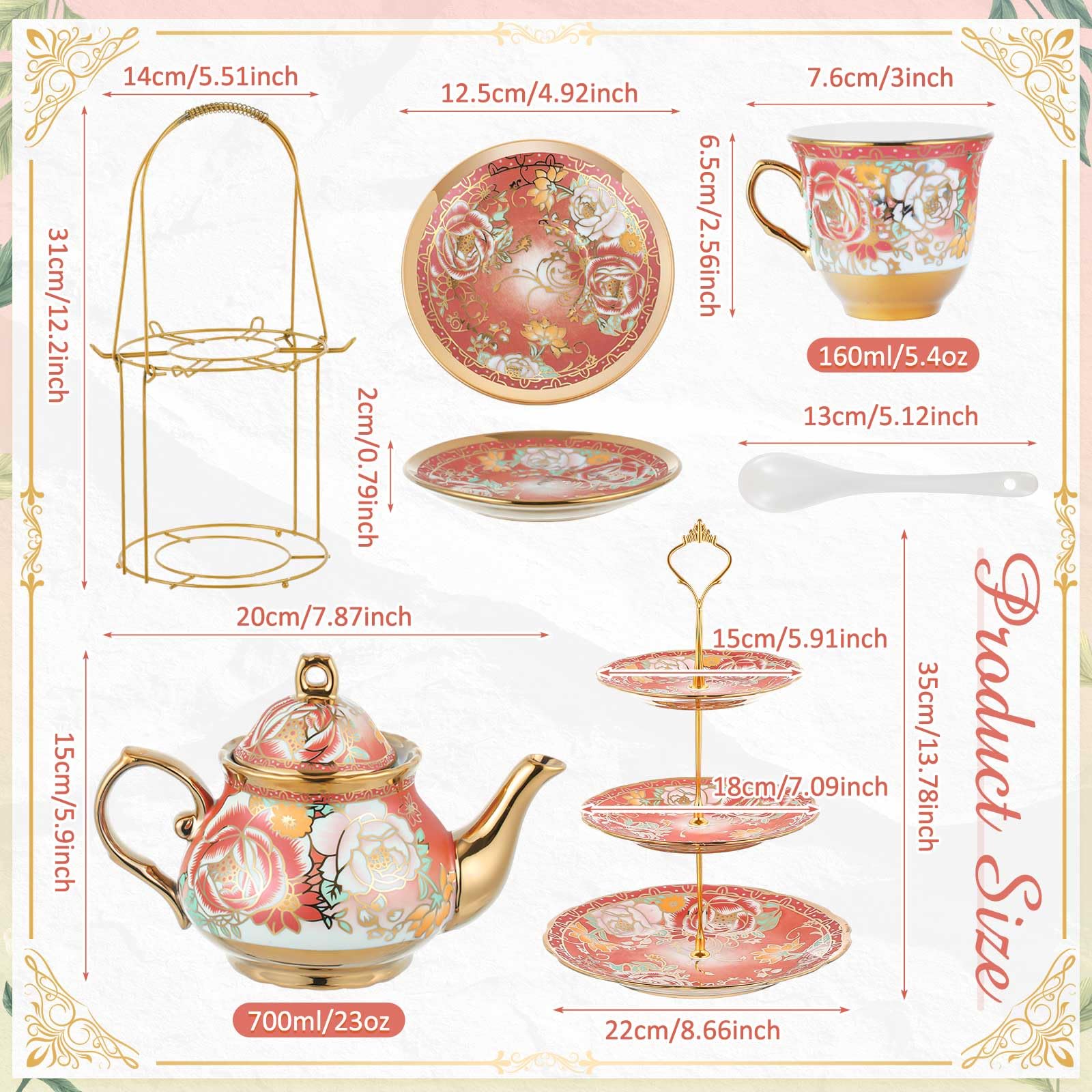 Maxcheck 21 Pcs Porcelain Tea Set for Women Tea Party with Metal Holder and 3 Tier Cake Stand Ceramic European Floral Teapot Set for Adults Mother's Day Christmas Thoughtful Gift(Romantic Style)