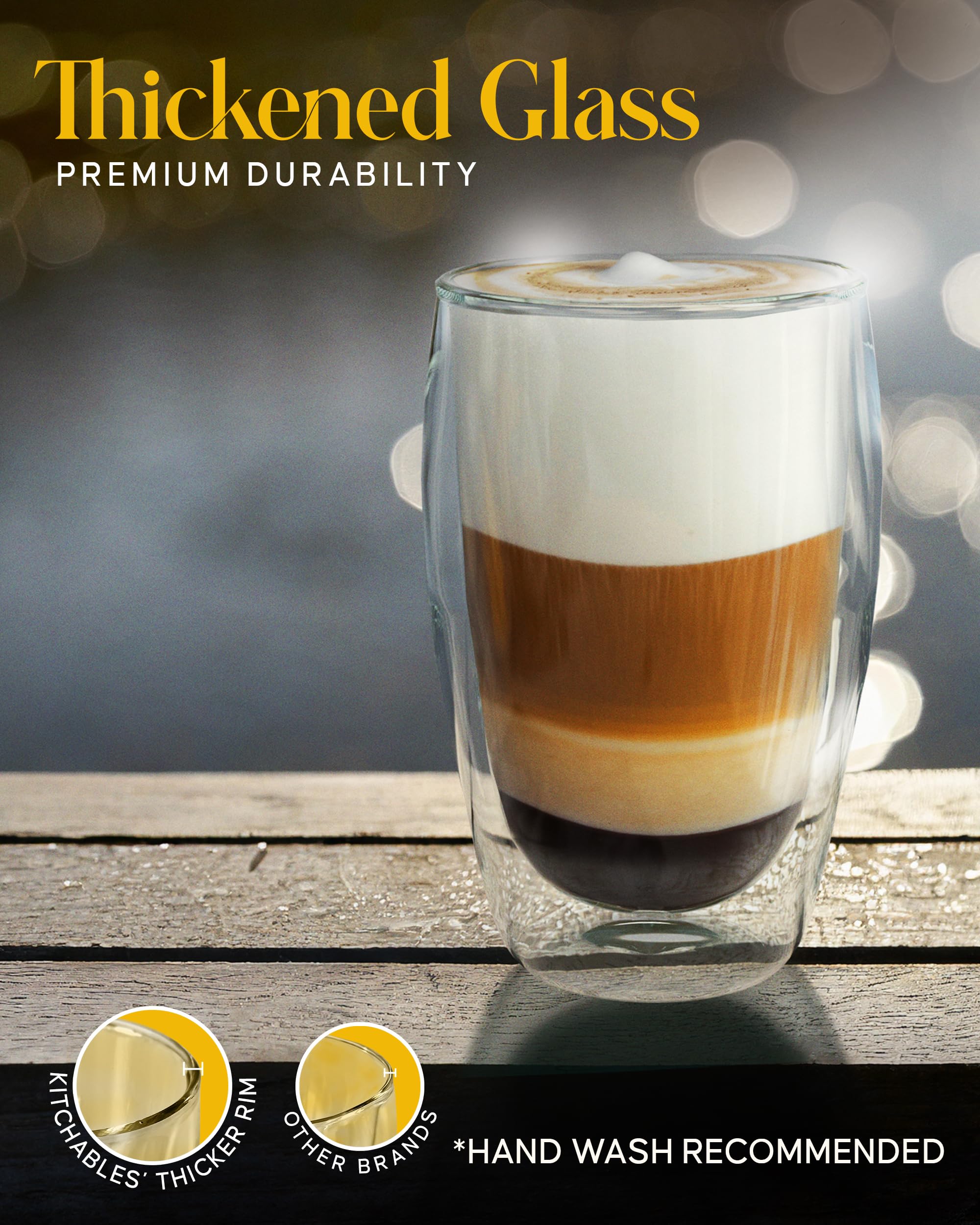 Kitchables Double Walled Glass Coffee Mugs Set of 2, 15oz Insulated Glass Coffee Mugs for Cappuccino, Latte, Tea, Espresso - Latte Cup - Tazas Para Cafe