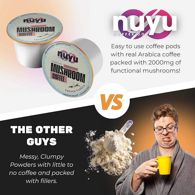 Nuyu Mushroom Coffee Pods, K-Cups, 100% Medium Roast Arabica Coffee with Lion's Mane, Reishi, Chaga, Cordyceps, 2000mg per Pod (24, French Vanilla)