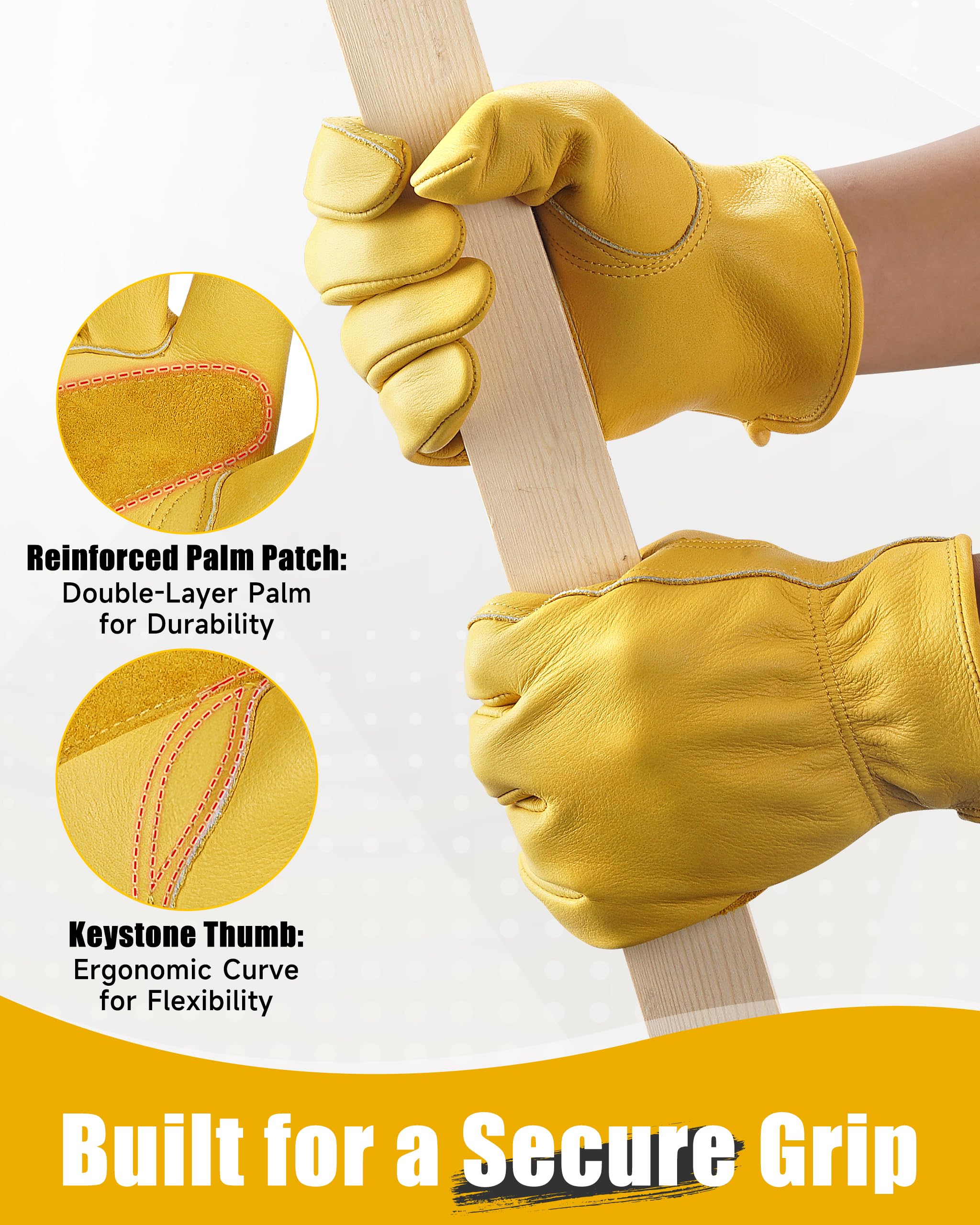 DULFINE Cowhide Leather Gardening Work Gloves for Men 1 Pair Golden XL