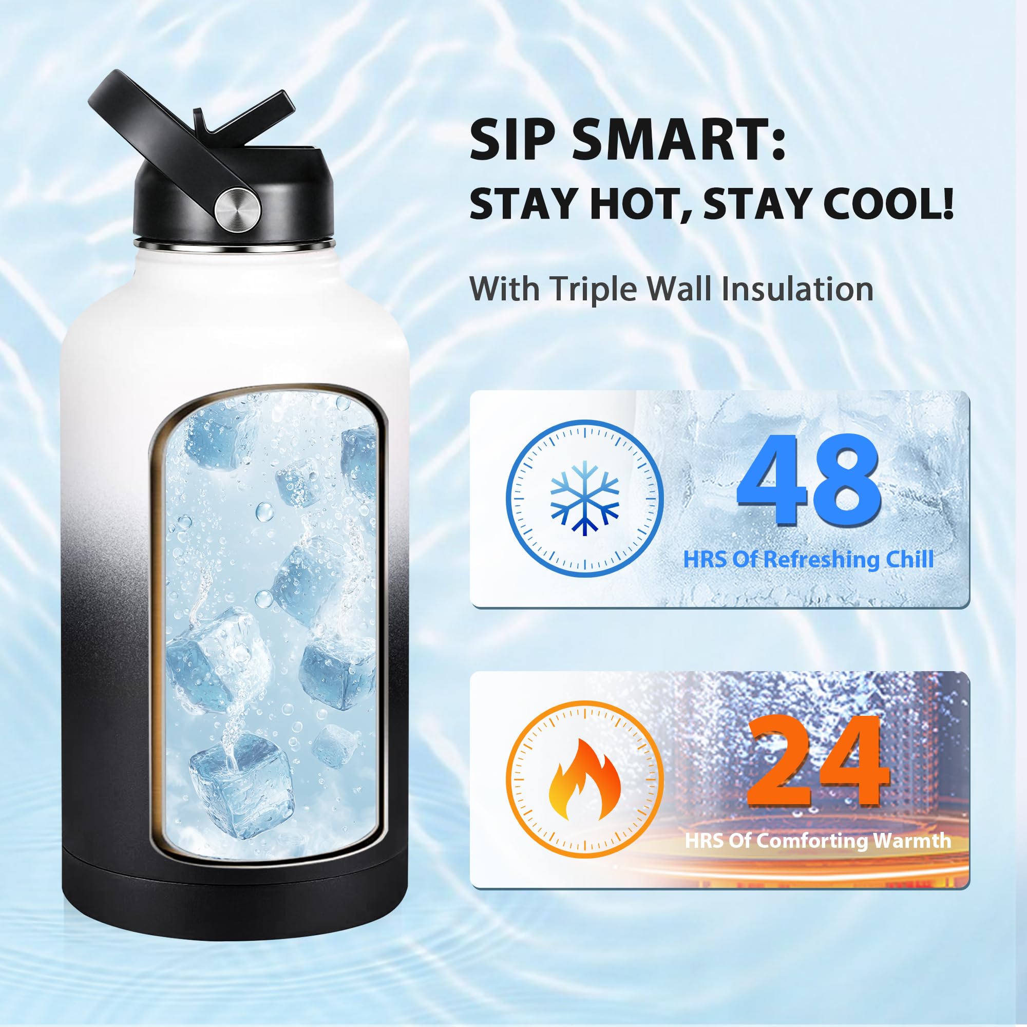 Insulated Water Bottle 64 oz, Triple Wall Vacuum Stainless Steel Water Bottles (Cold for 48 Hrs), Leak Proof & Non-BPA, Half Gallon Water Flask Jug Wide Mouth Straw Lid & Spout Lid