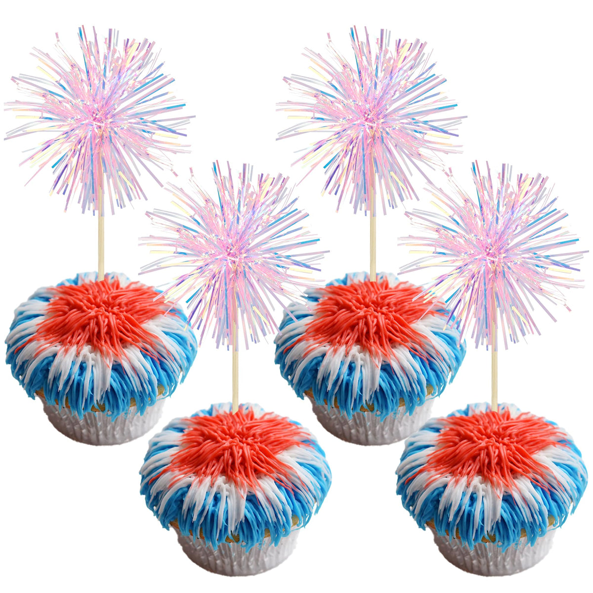 Gyufise 30Pcs Foil Firework Cupcake Toppers Sparkle Tinsel Cake Toppers Tinsel Drink Cake Decoration Cocktail Picks for Birthday Wedding Graduation Party Supplies Dark Blue