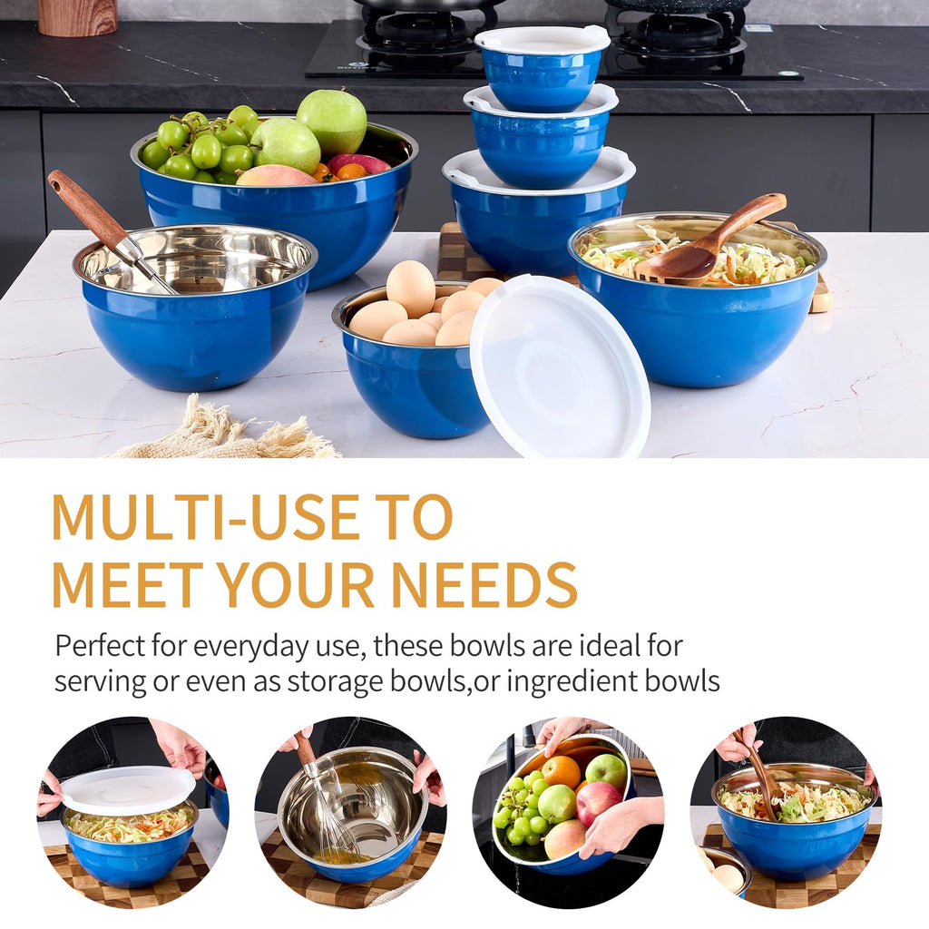 Onlycooker Blue Mixing Bowls With Airtight Lids,Stainless Steel Bowl,Salad Bowls 7 Piece Colorful Nesting Bowl Blue Kitchen Accessories,Size 7,3.6,2.7,2.1,1.5,1.1,0.8QT Stackable Design