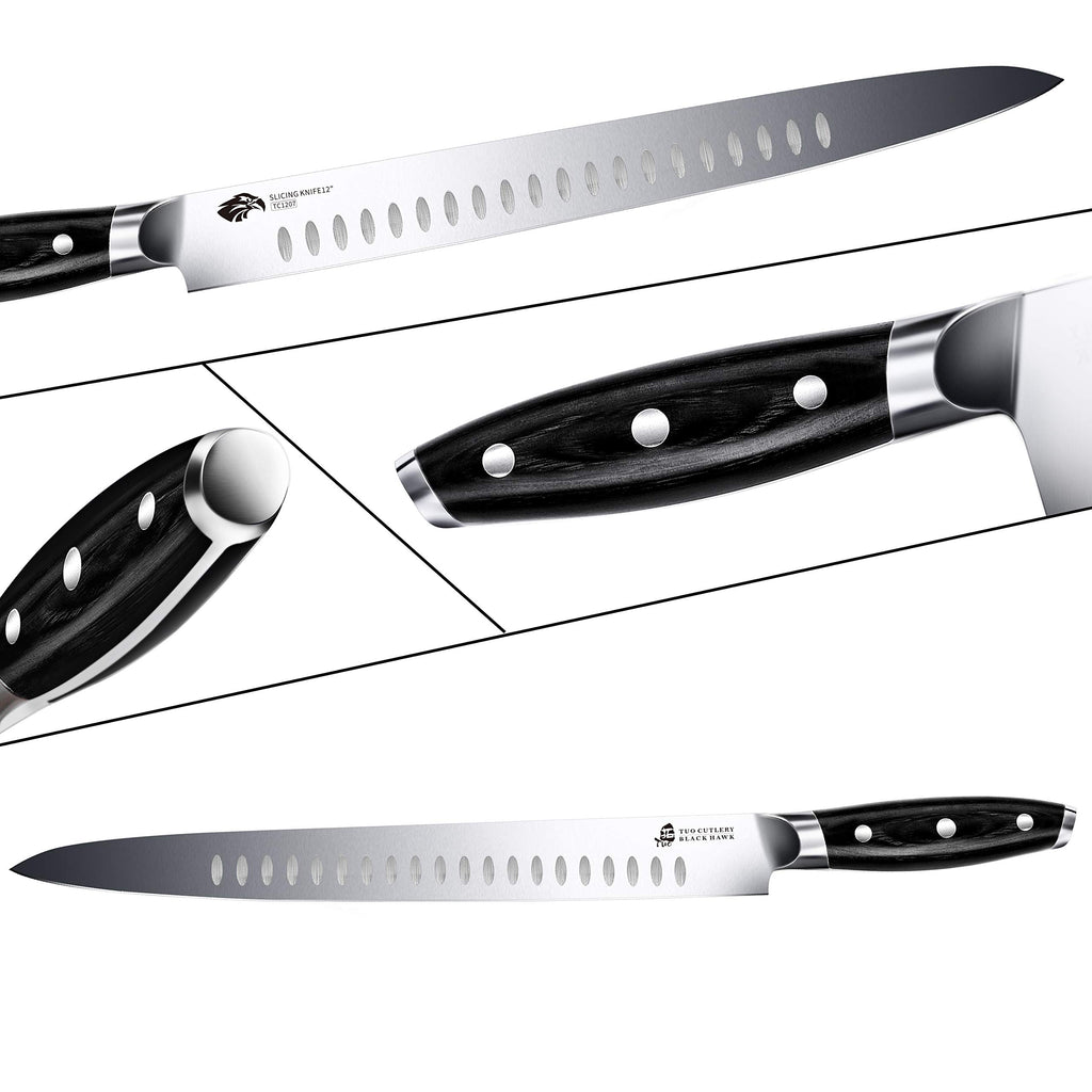 TUO Carving Knife - 12 Inch Brisket Slicing Knife for Grilled Meat and Bacon - High Carbon German Steel - Pakkawood Handle with Gift Box - BLACK HAWK SERIES