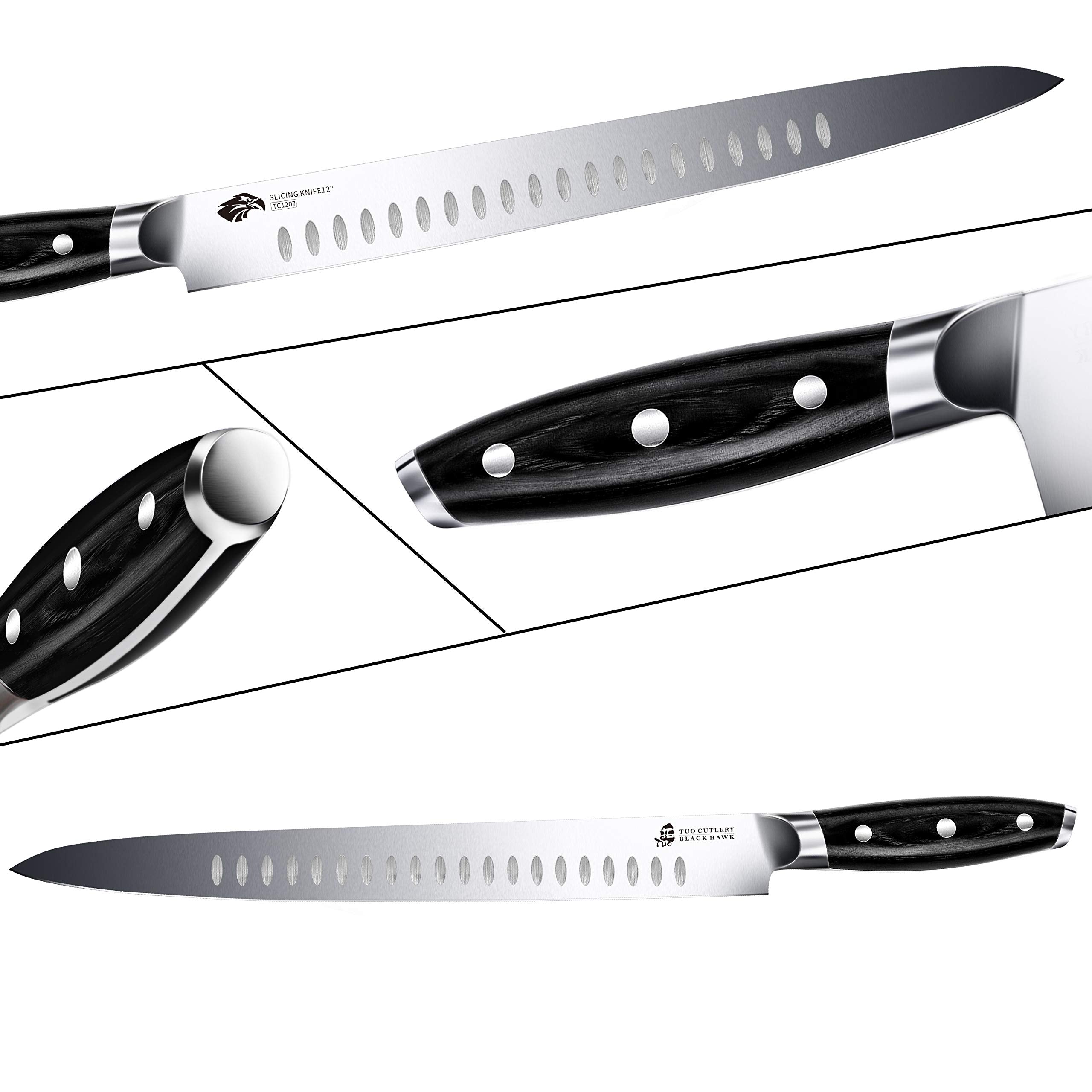 TUO Carving Knife - 12 Inch Brisket Slicing Knife for Grilled Meat and Bacon - High Carbon German Steel - Pakkawood Handle with Gift Box - BLACK HAWK SERIES