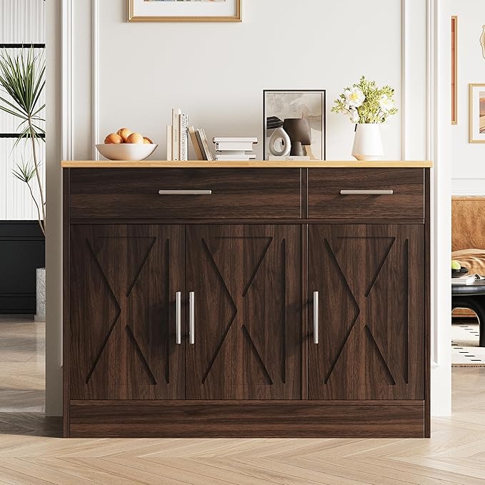 Vongrasig Sideboard Buffet Cabinet with Storage, 43” Farmhouse Coffee Bar Storage Cabinet with Drawers and Shelves, Modern Buffet Table for Kitchen, Dining Room, Rustic Brown