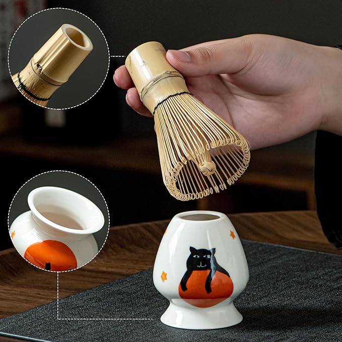 Matcha Set -Cute Cat Matcha Bowl Set with Whisk, Scoop, Whisk Holder & 2 Cups | 6 Pcs Authentic Matcha Tea Ceremony Kit | Great Gift for Tea Lovers