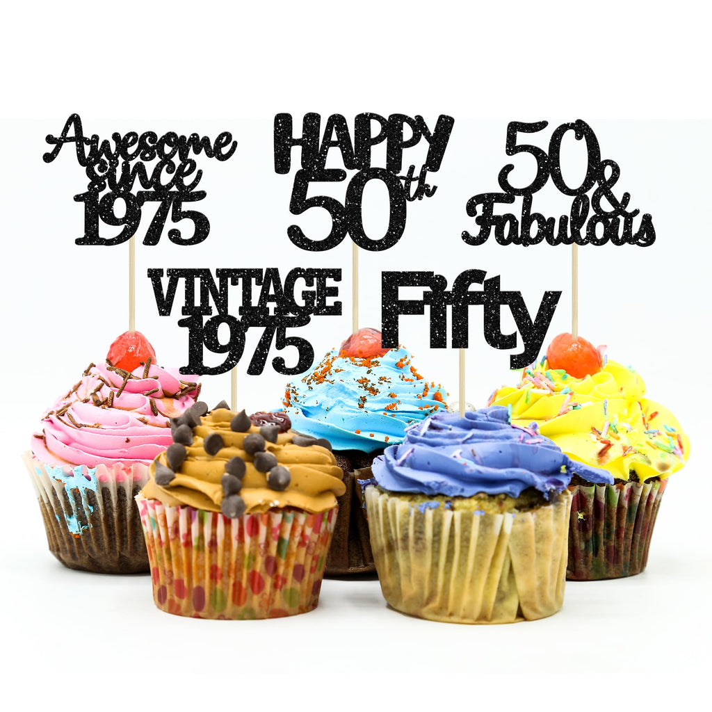 Gyufise 30Pcs Vintage 1975 Cupcake Toppers 50th Birthday Cake Decorations Cheers to 50 Fabulous Fifty Cupcake Picks 50th Birthday Wedding Anniversary Party Cake Decorations Supplies Black