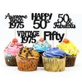 Gyufise 30Pcs Vintage 1975 Cupcake Toppers 50th Birthday Cake Decorations Cheers to 50 Fabulous Fifty Cupcake Picks 50th Birthday Wedding Anniversary Party Cake Decorations Supplies Black