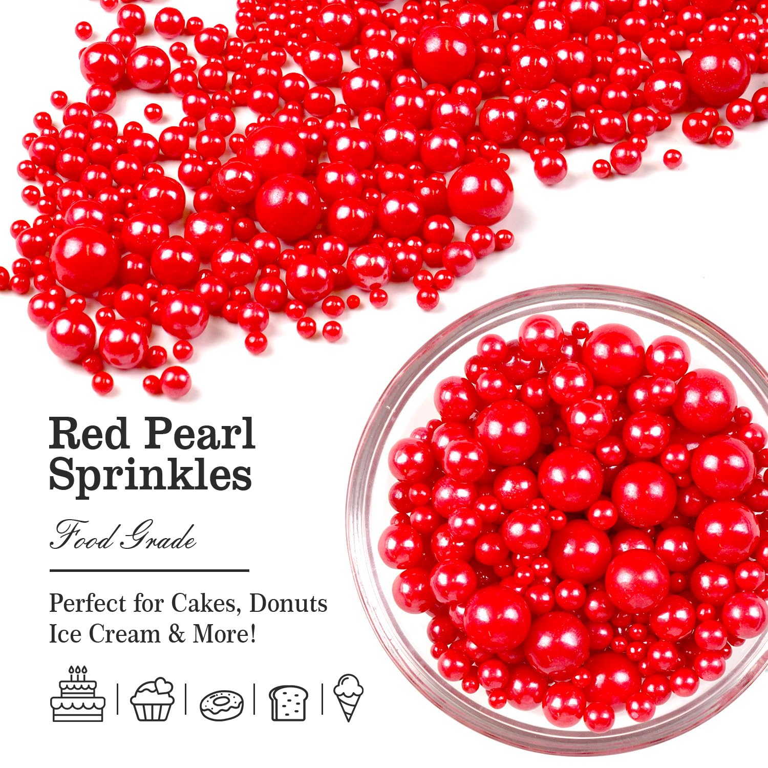 Red Pearl Sugar Sprinkles for Cake Decorating, 150g/5.29oz Mix Size, Edible Candy Pearls Cupcake Toppers, Baking Edible Cake Decorations for Holiday Wedding Party Birthday