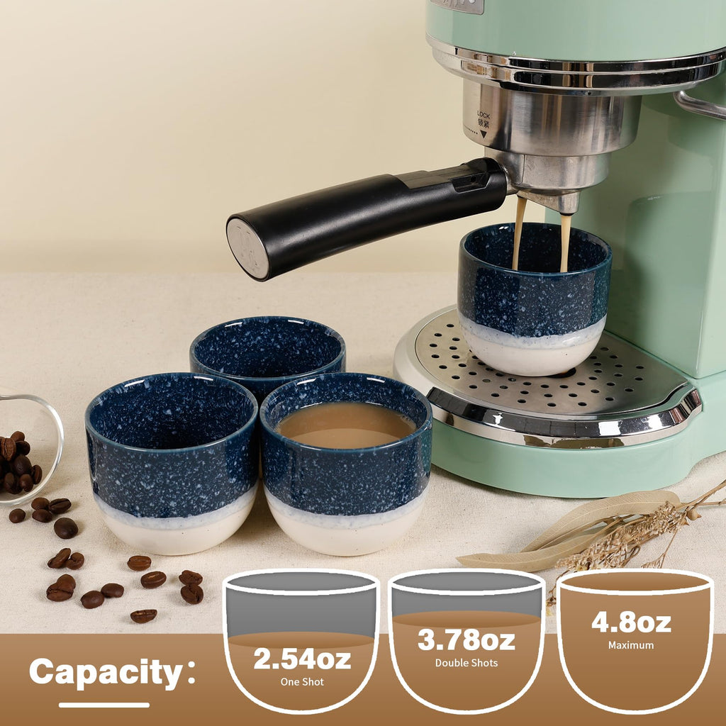 ZEBERBO Ceramic Espresso Cups Set of 4, Double Walled Espresso Coffee Mugs for Nespresso Cups, Special glazed Demitasse Cups Coffee Cup for Machine (Blue)