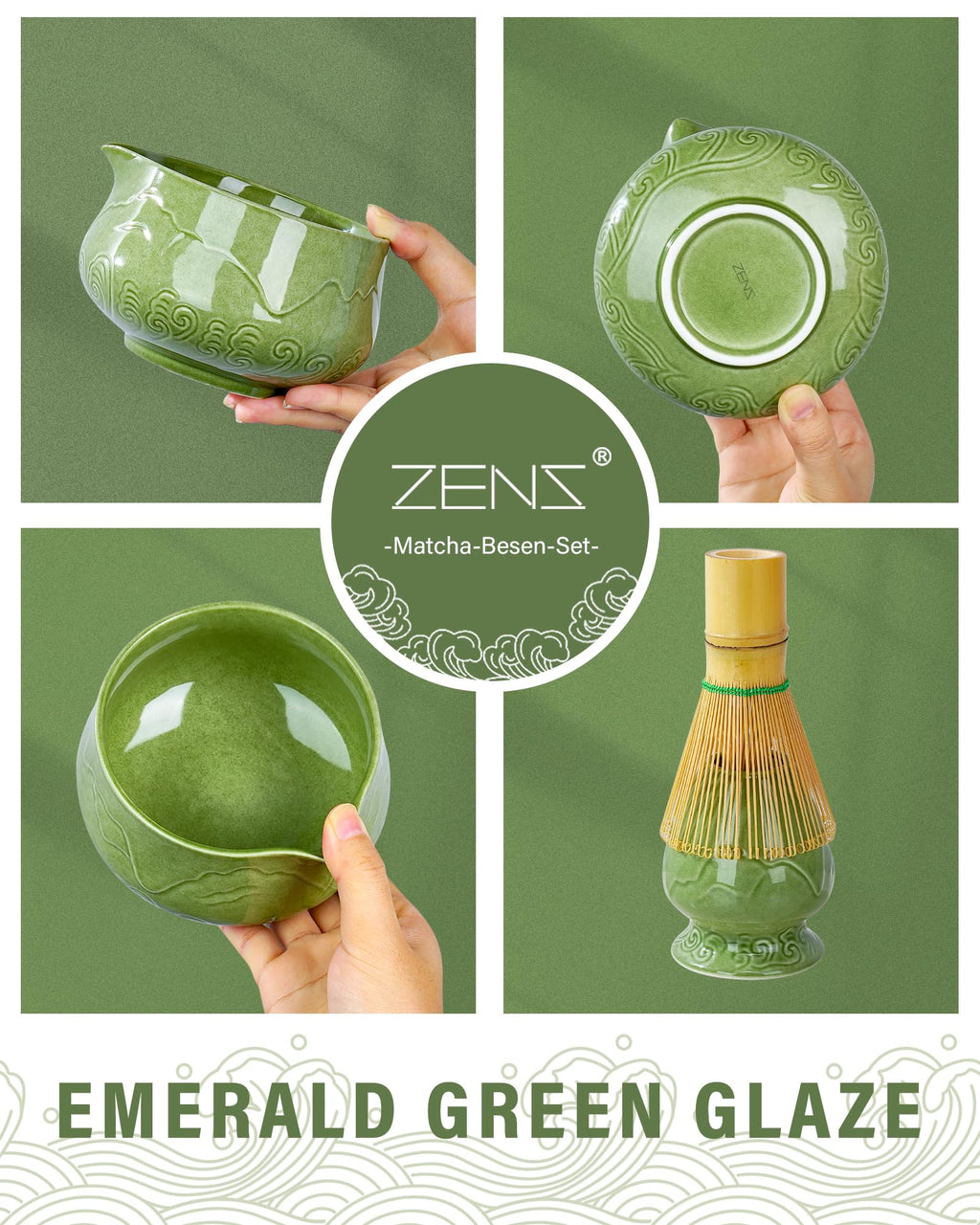 ZENS Premium Matcha Whisk Set, 6pcs Matcha Kit for Matcha Latte, Green