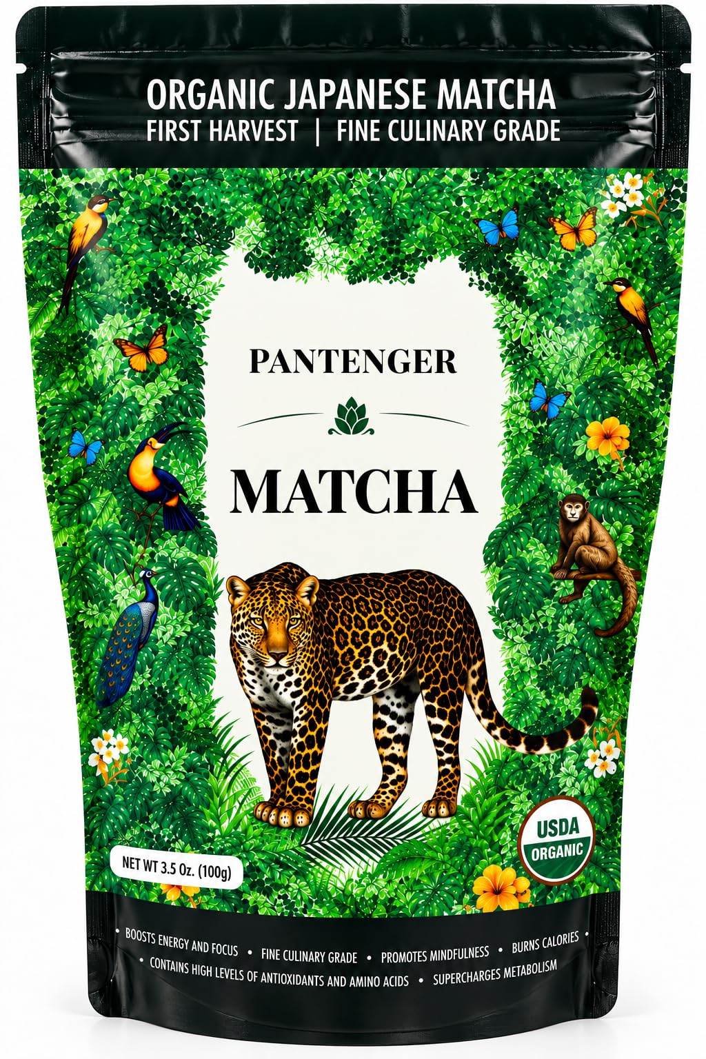 Pantenger Matcha Green Tea Powder and Reishi Mushroom. 2.12 OZ (60 grams). USDA ORGANIC. Japanese Reishi Mushroom with Japanese Matcha Tea.