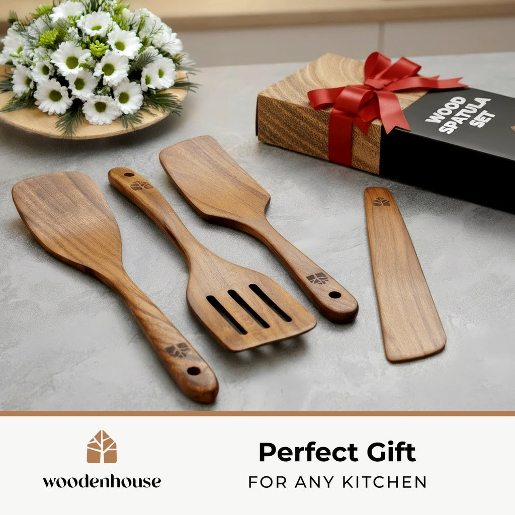 Wooden Spatula for Cooking, Teak Wood Set of 4 for Non Stick Frying Pan