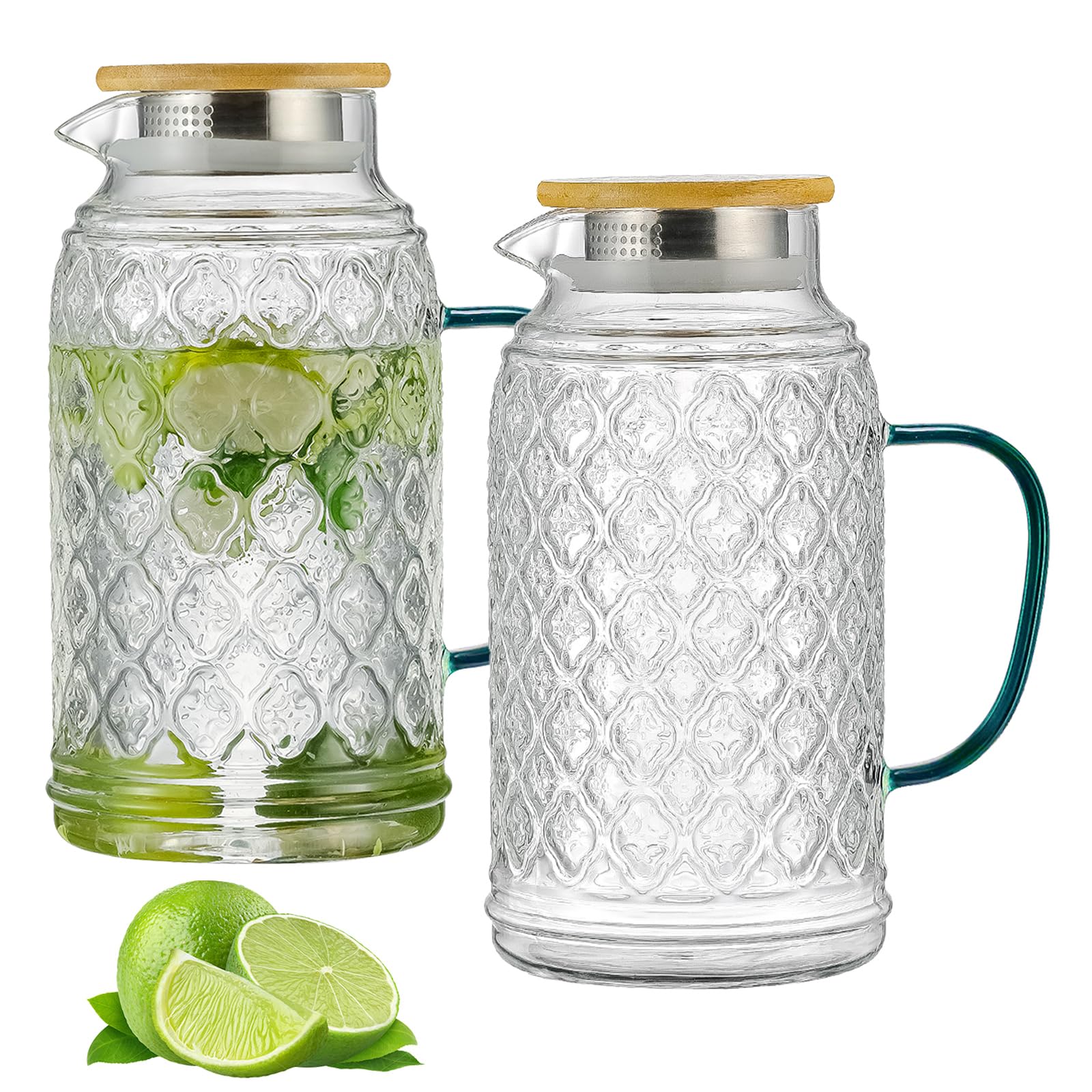 Buaic 2 PACK Glass Pitcher with Bamboo Lid, 68 oz/2L Vintage Water Pitcher, Clear Borosilicate Glass Water Carafe for Cold Brew, Coffee, Lemonade, Iced Sun Tea,Beverage, Heat Resistant Water Glass Jug