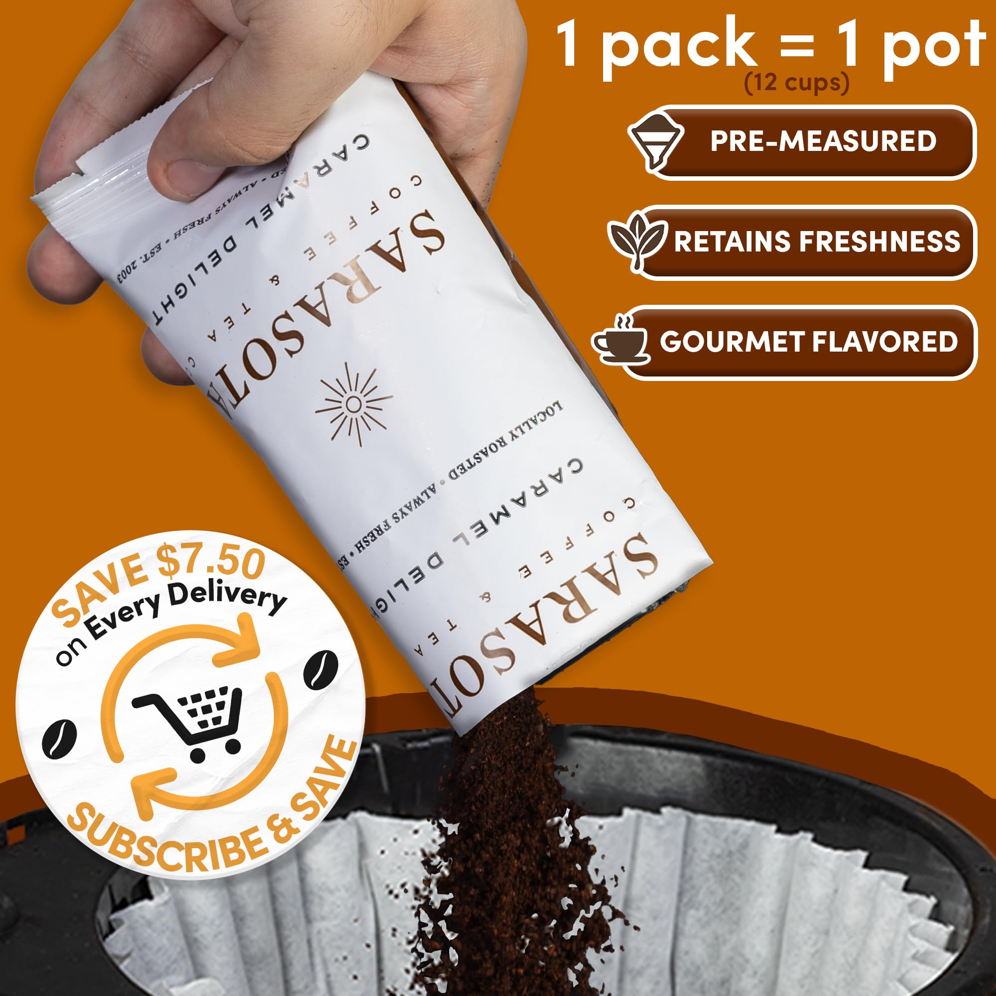 Coffee Packets – Salted Caramel Flavored Ground Coffee Packs | Gourmet Medium Roast, Low Acid Mold Free Pre-Measured Pouches for 12 Cup Brewers | 2 oz Single-Pot Bags, 36 Count – Sarasota Coffee