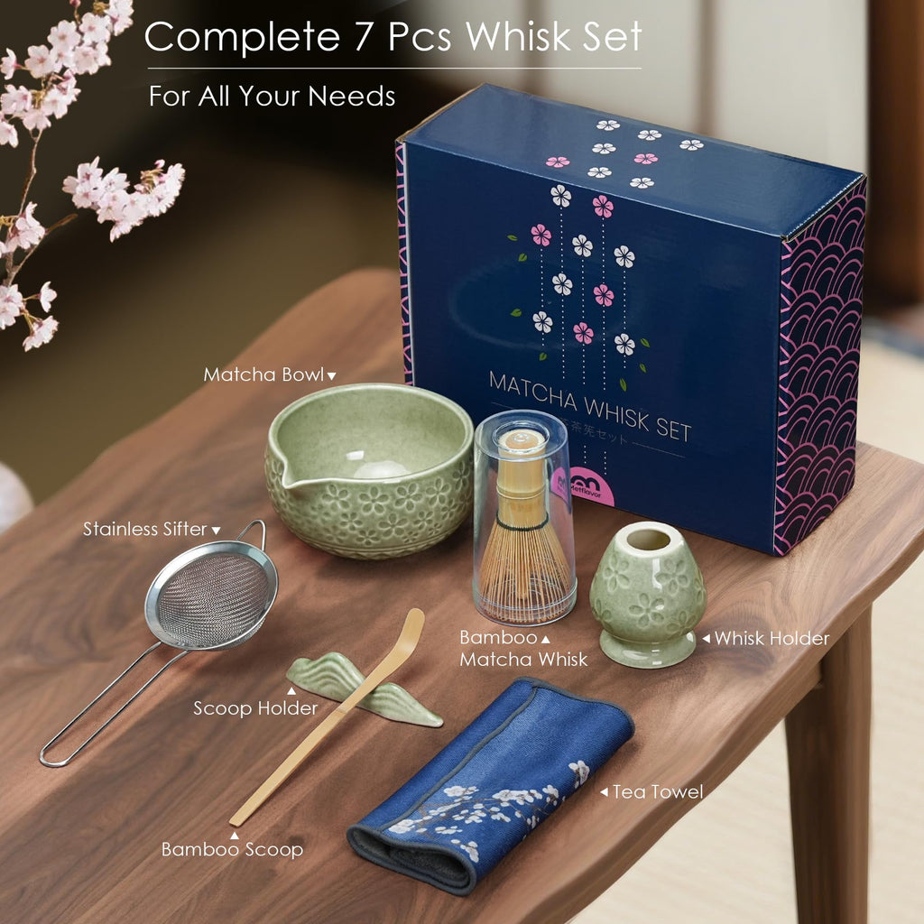 7Pcs Matcha Whisk Set, Matcha Set Whisk and Bowl,Bamboo Scoop, Scoop Rest, Sifter and Tea Towel, Matcha Kit W/Carved Cherry Blossm Pattern for Matcha Lovers (Sakura Green)