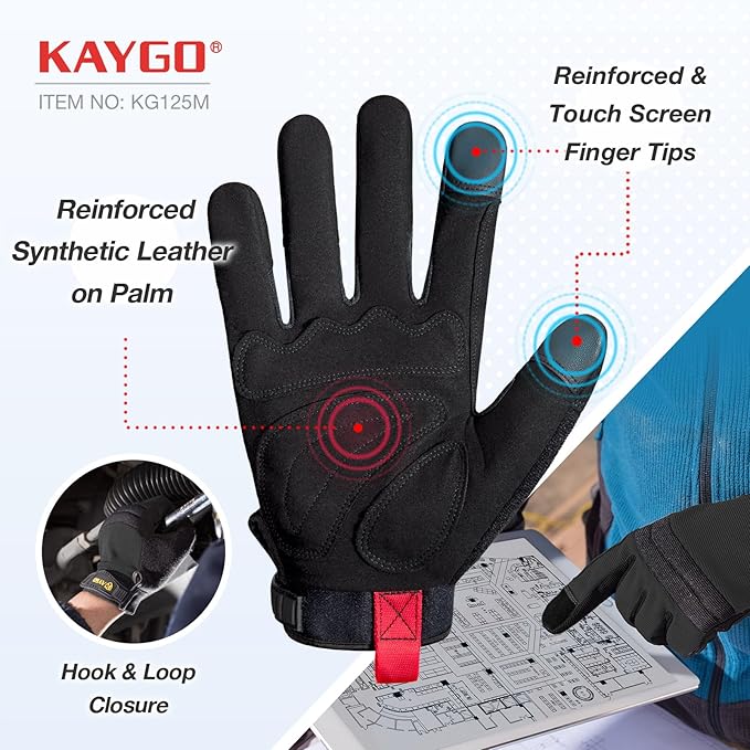 KAYGO Work Gloves For Men, KG125M Mechanic Utility Work Gloves for All Purpose, Excellent Grip, Heavy Duty, Improved Dexterity, Touch Screen,Black，2XL,3 Pairs