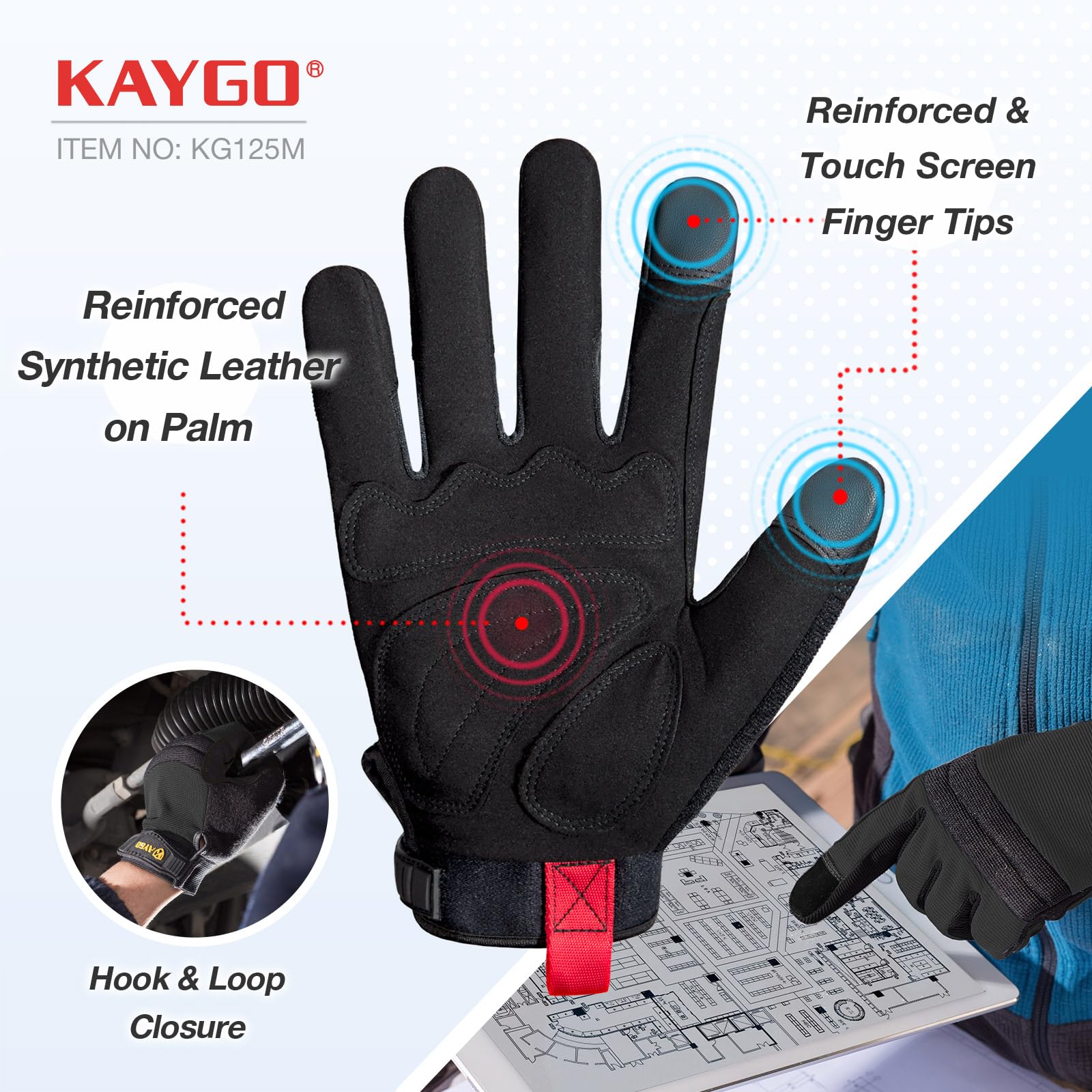 KAYGO Work Gloves Men, Mechanic Utility with Excellent Grip, KG125