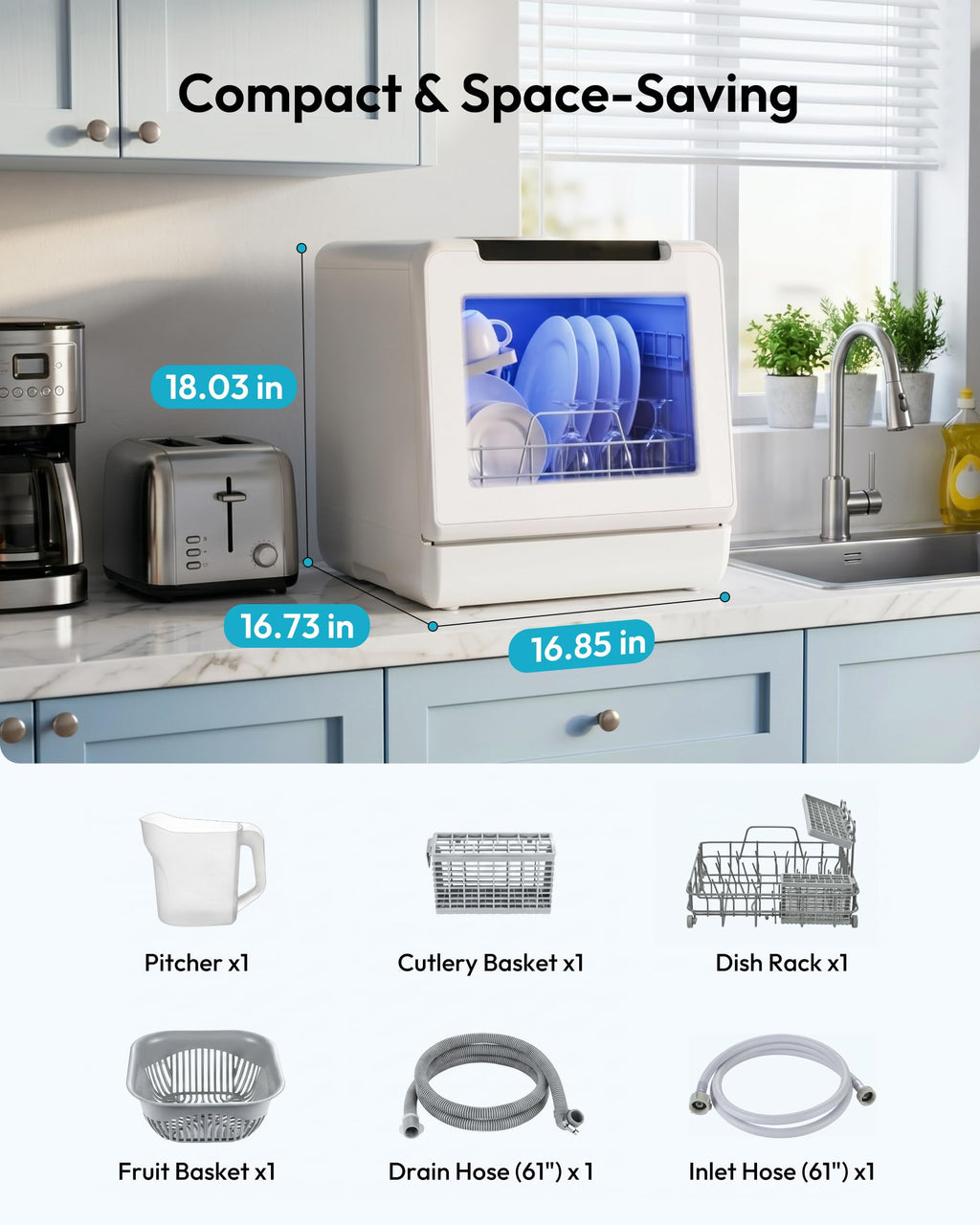 EUHOMY 8-Program Countertop Dishwasher with 5L Tank, 167°F, 40dB, No Hookup
