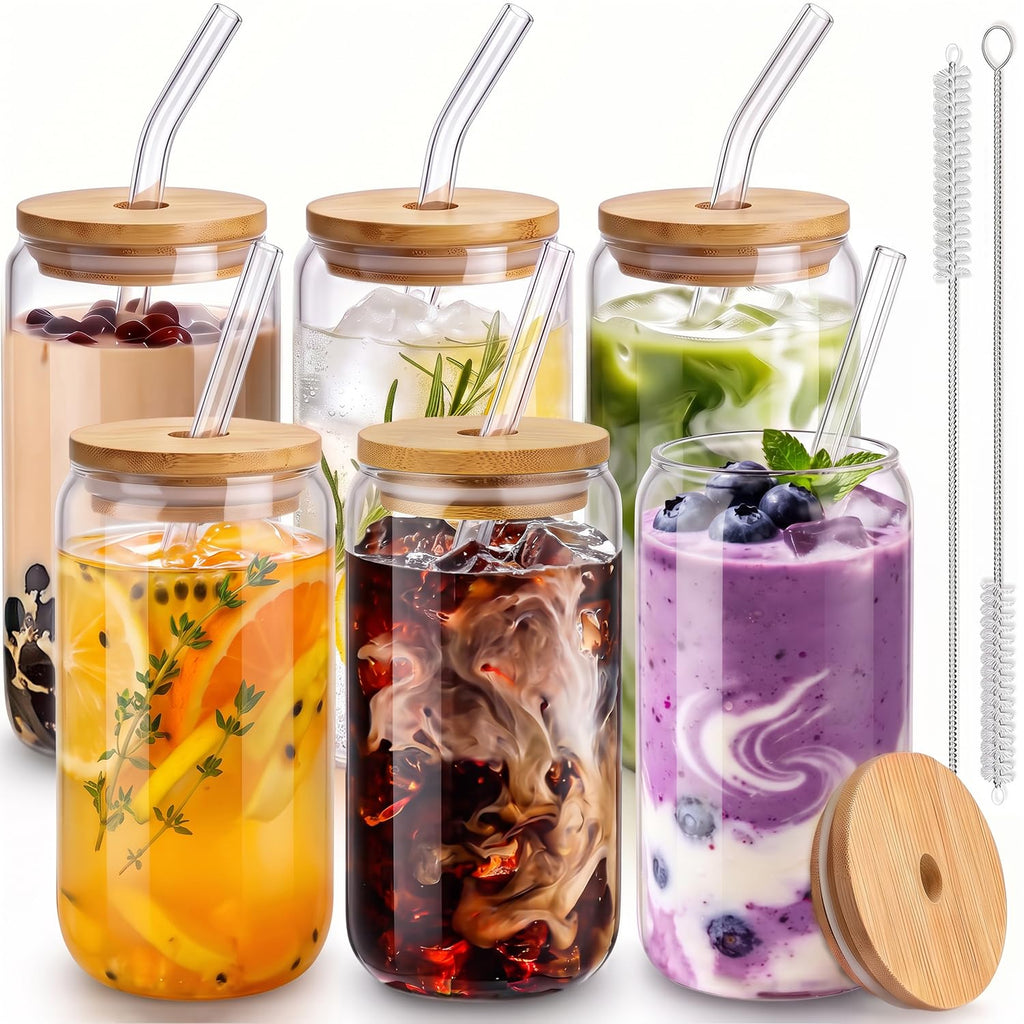 16 Oz Drinking Glasses - 6 Pcs Glass Cups with Bamboo Lids and Straws