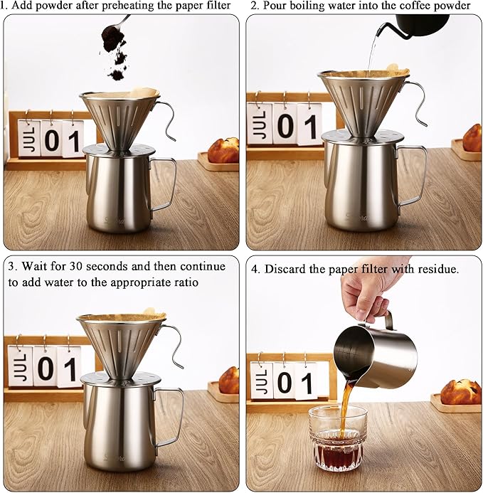 Pour Over Coffee Maker Set, 304 Stainless Steel wIth 100 pcs Size 02 Cone Paper Filters & 600ml Milk Frothing Pitcher, for Home & Camping