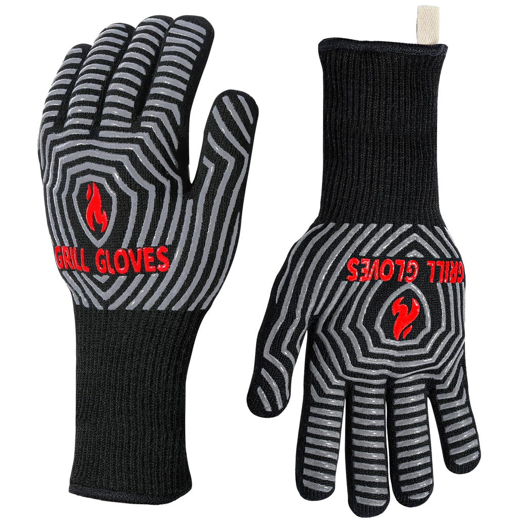 QUWIN BBQ Gloves, Oven Gloves 1472℉ Extreme Heat Resistant, Grilling Gloves Silicone Non-Slip Oven Mitts, Kitchen Gloves for BBQ, Grilling, Cooking, Baking-1 Pair… (Black, One Size(Long Cuff))